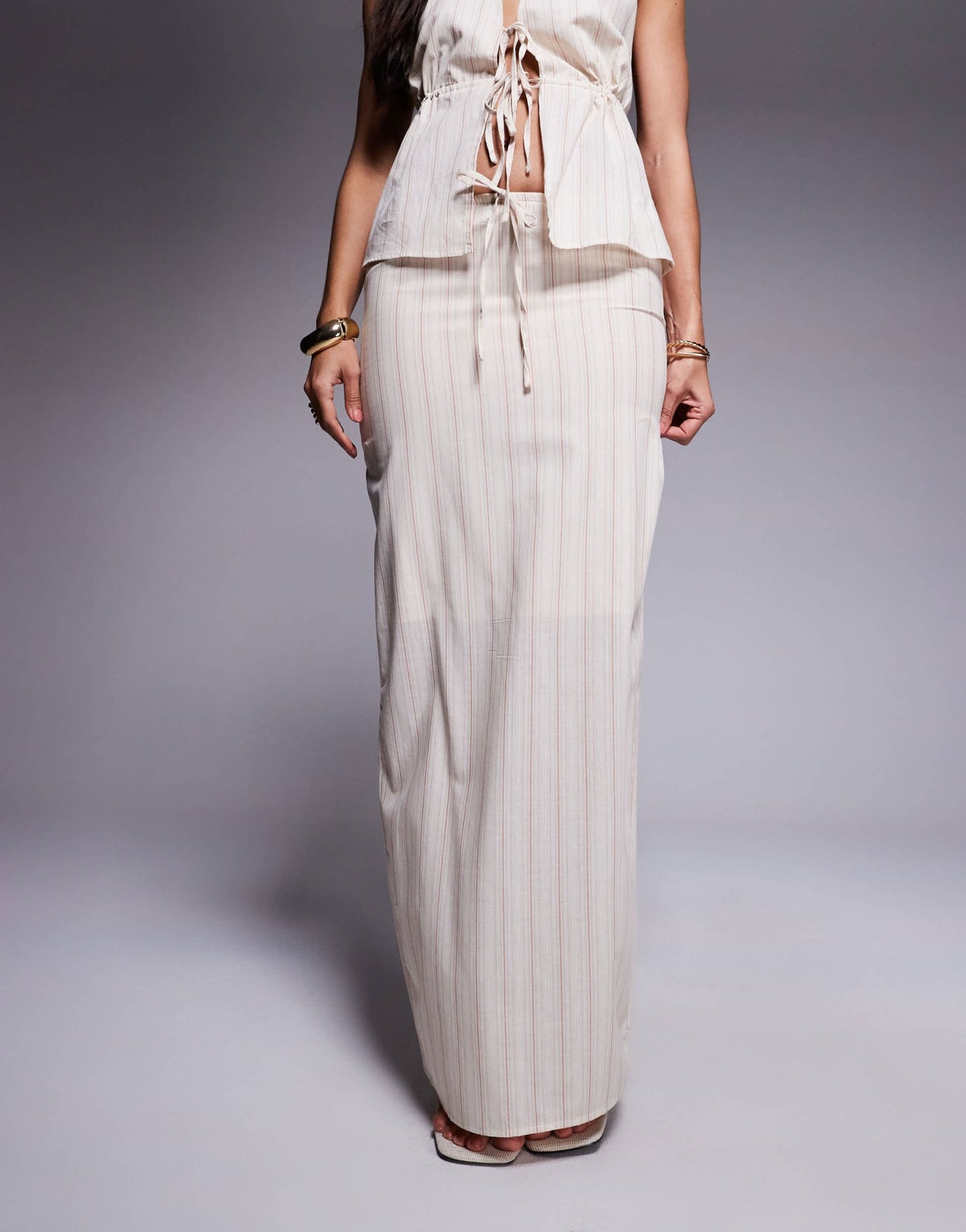 Kaiia exclusive cotton tie waist linen look maxi skirt co - ord in cream stripe - ASOS Sample Sale