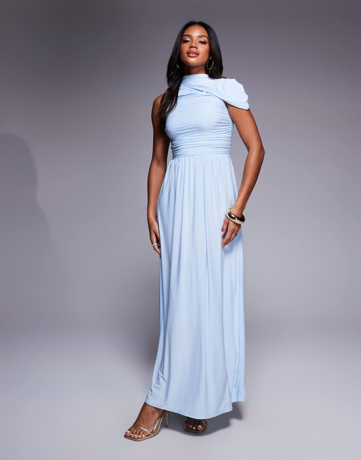 Kaiia exclusive double layered slinky asymmetrical drape maxi dress in dusty blue - ASOS Sample Sale