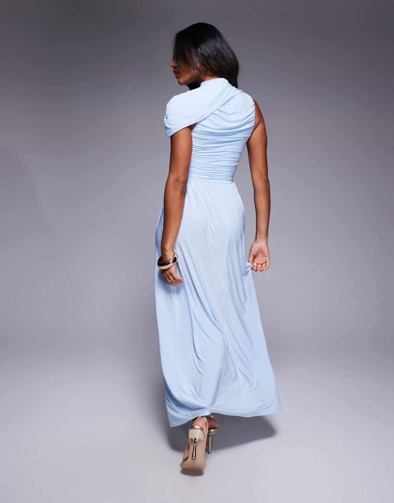 Kaiia exclusive double layered slinky asymmetrical drape maxi dress in dusty blue - ASOS Sample Sale