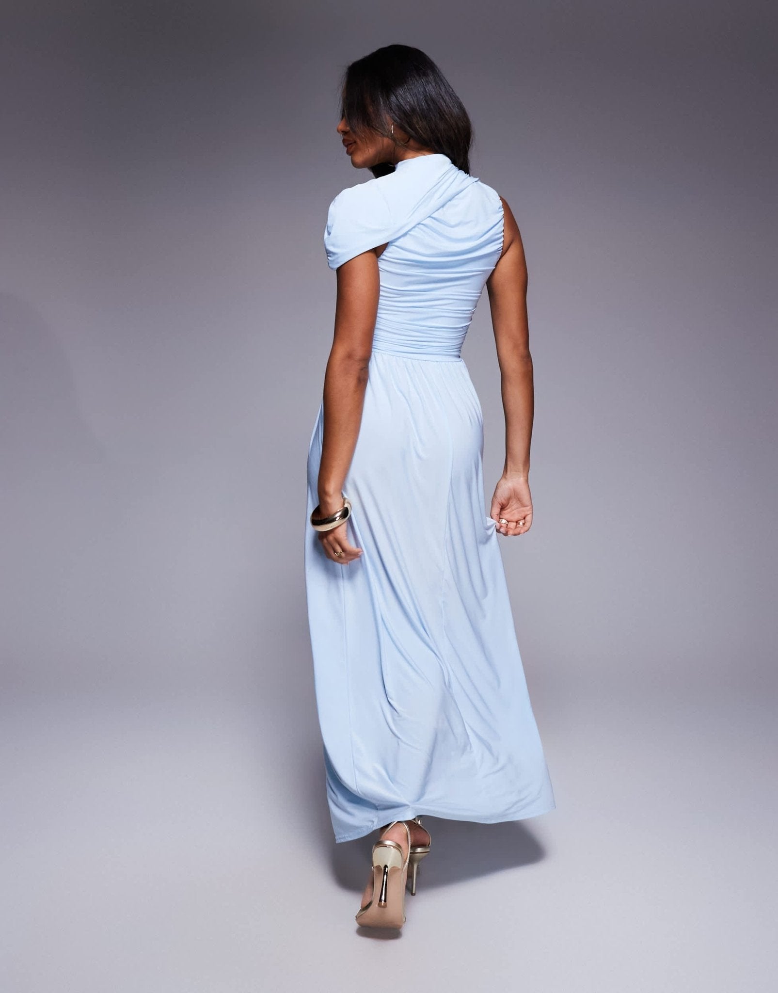 Kaiia exclusive double layered slinky asymmetrical drape maxi dress in dusty blue - ASOS Sample Sale