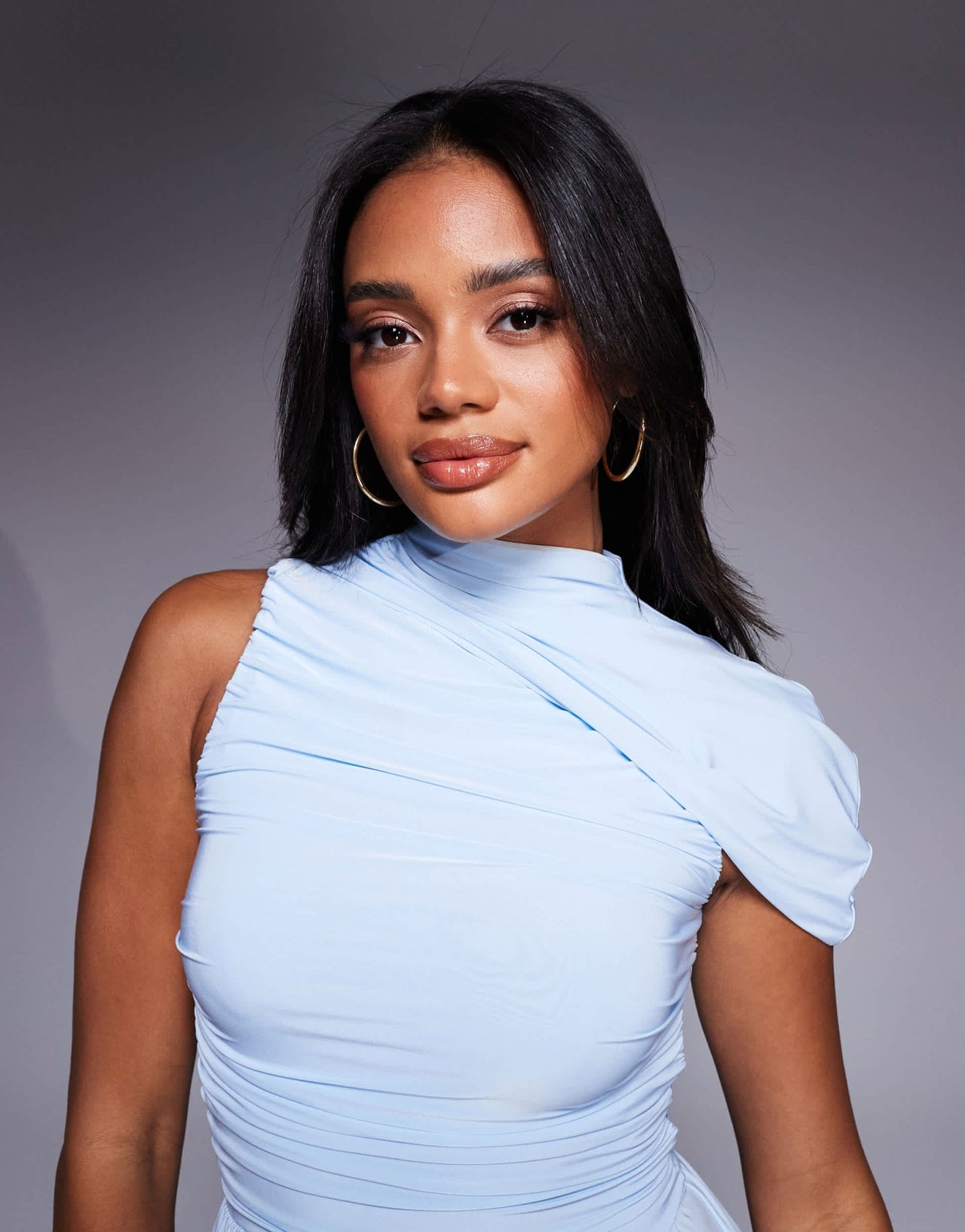Kaiia exclusive double layered slinky asymmetrical drape maxi dress in dusty blue - ASOS Sample Sale