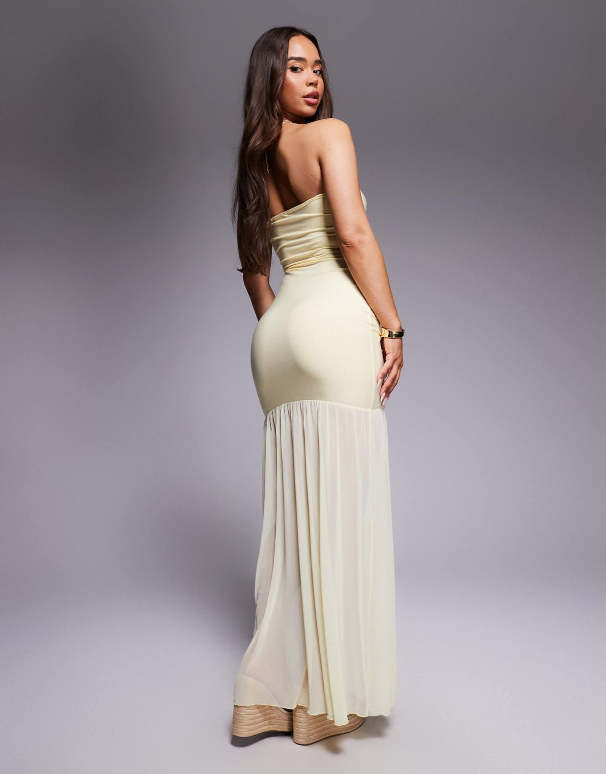 Kaiia exclusive double layered slinky bandeau drop waist split front sheer hem maxi dress in butter yellow - ASOS Sample Sale