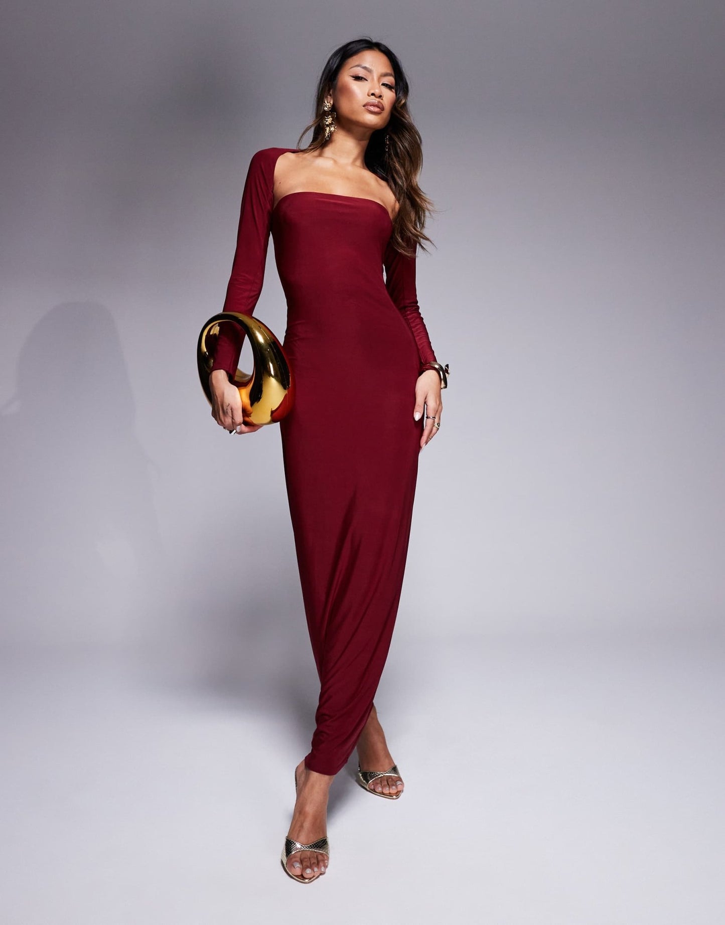 Kaiia exclusive double layered slinky bandeau maxi dress with long sleeve shrug in burgundy - ASOS Sample Sale