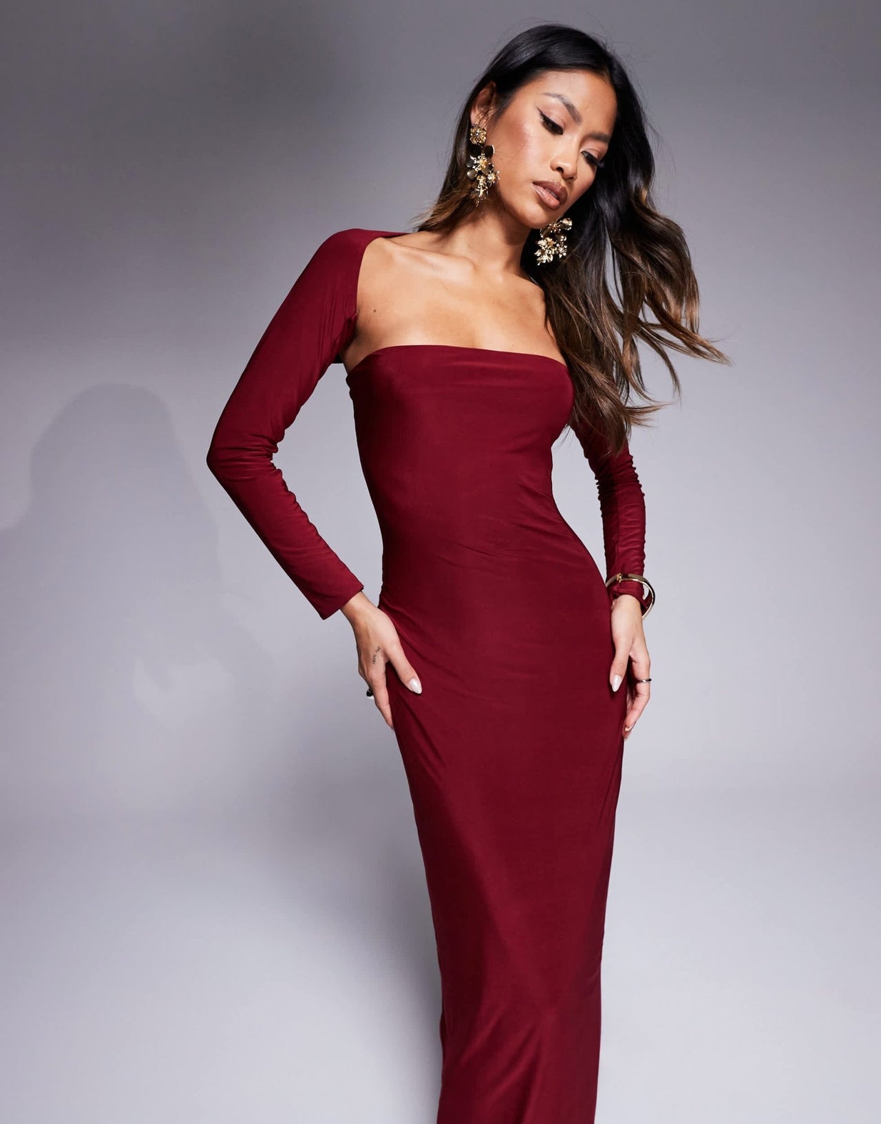 Kaiia exclusive double layered slinky bandeau maxi dress with long sleeve shrug in burgundy - ASOS Sample Sale