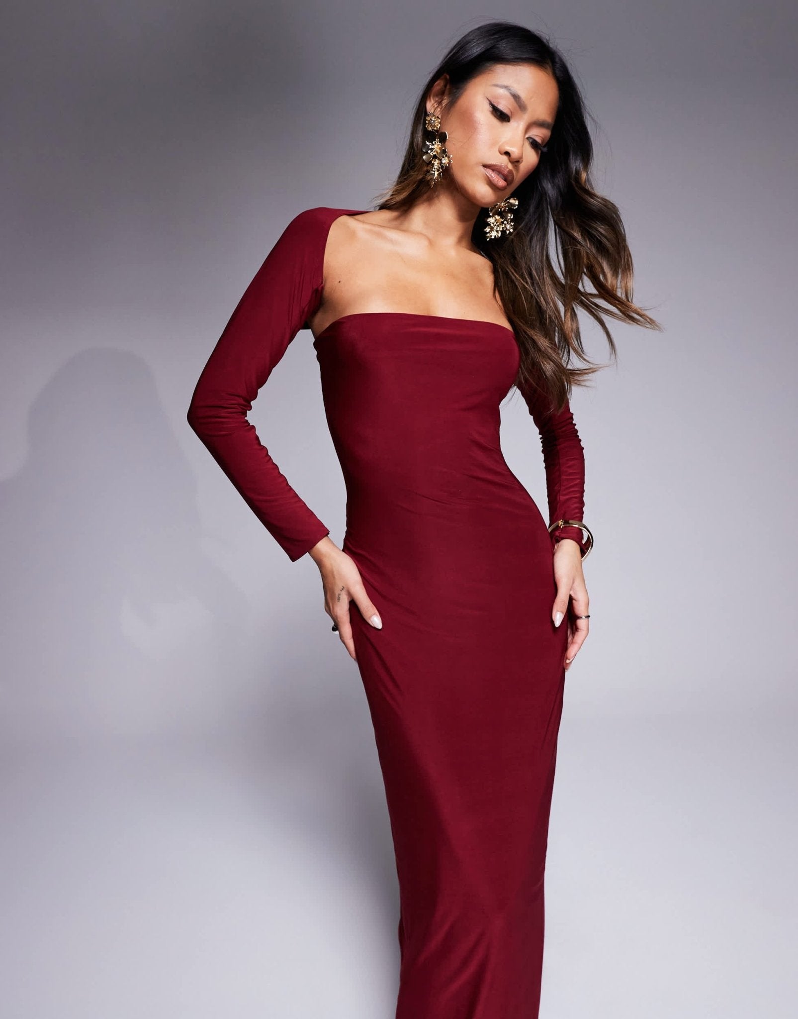 Kaiia exclusive double layered slinky bandeau maxi dress with long sleeve shrug in burgundy - ASOS Sample Sale