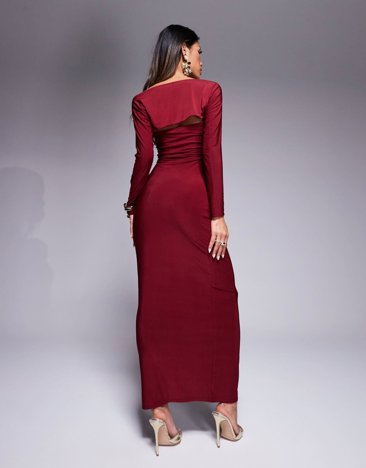 Kaiia exclusive double layered slinky bandeau maxi dress with long sleeve shrug in burgundy - ASOS Sample Sale
