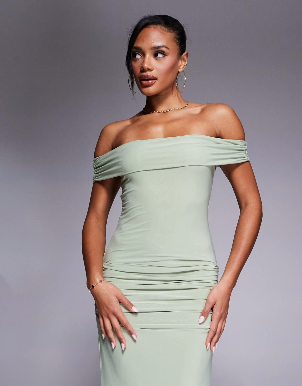 Kaiia exclusive double layered slinky bardot gathered waist detail maxi dress in sage - ASOS Sample Sale