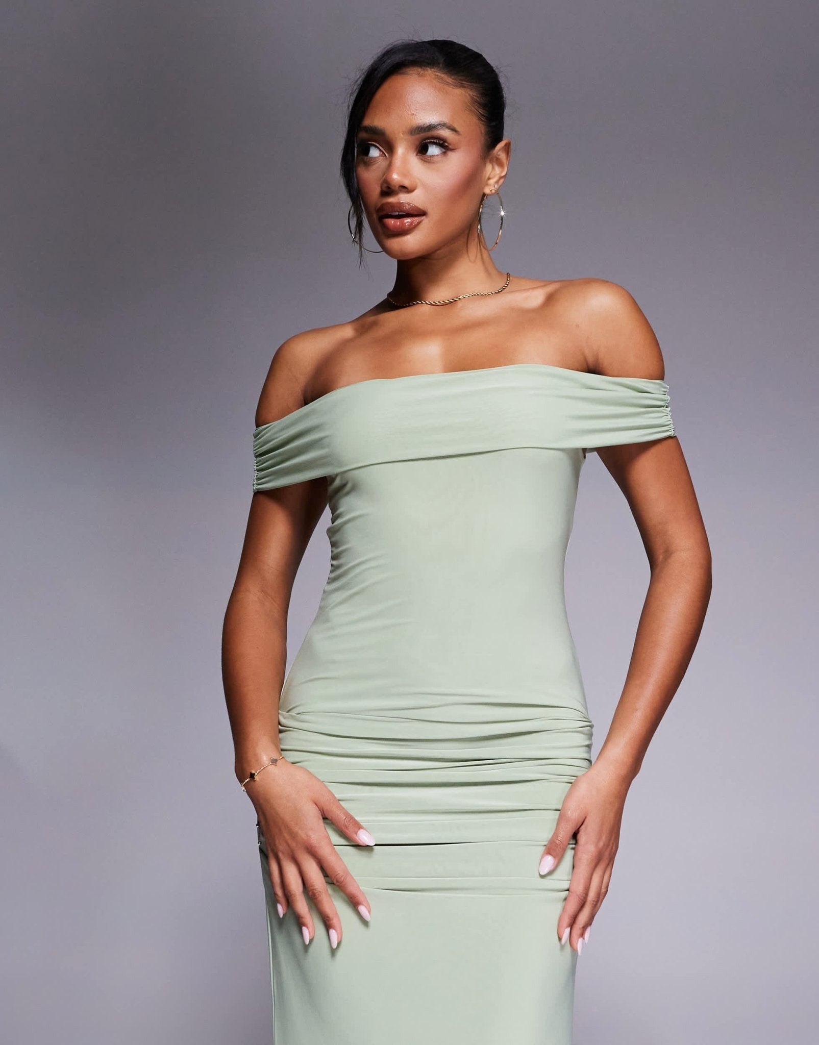 Kaiia exclusive double layered slinky bardot gathered waist detail maxi dress in sage - ASOS Sample Sale