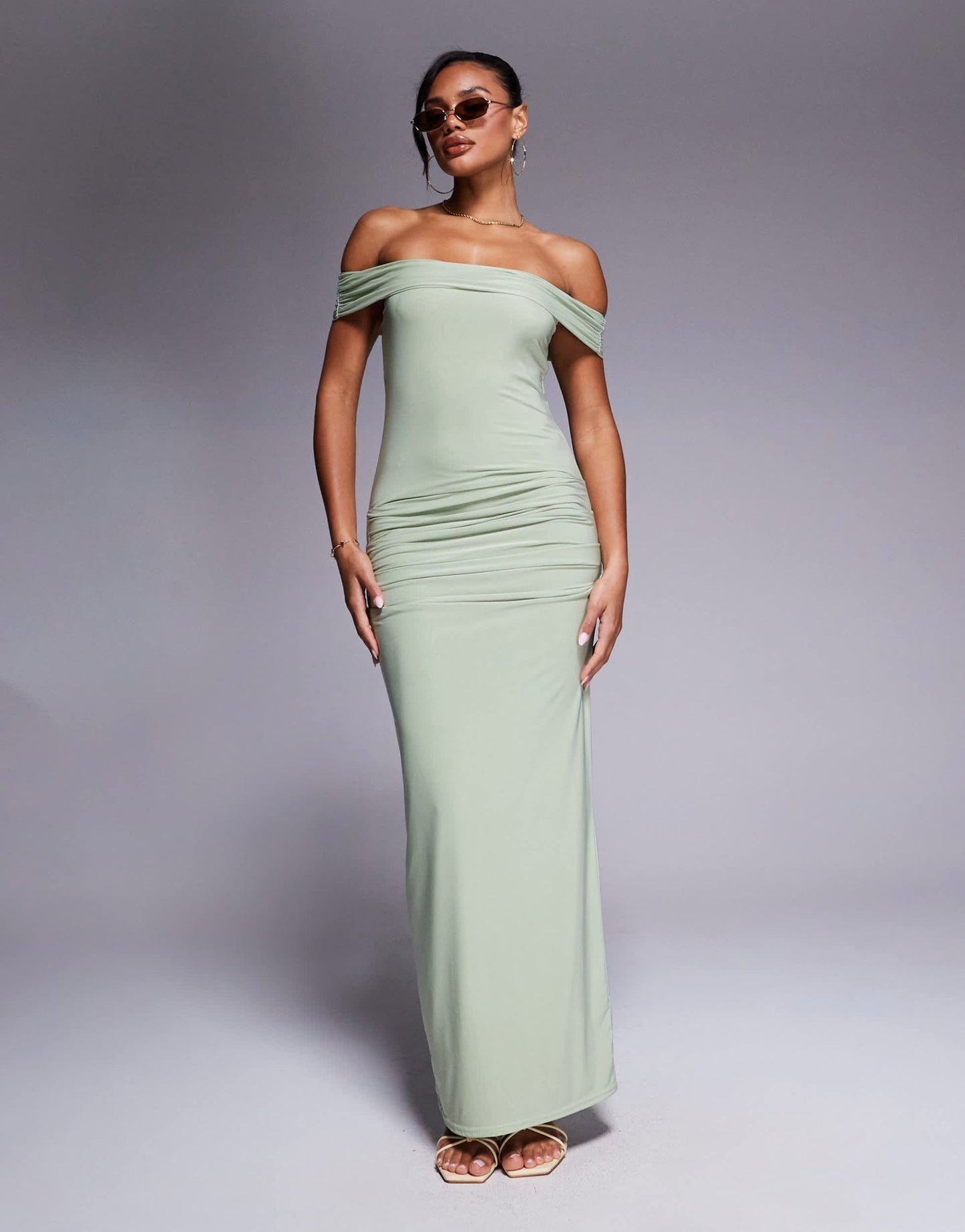 Kaiia exclusive double layered slinky bardot gathered waist detail maxi dress in sage - ASOS Sample Sale