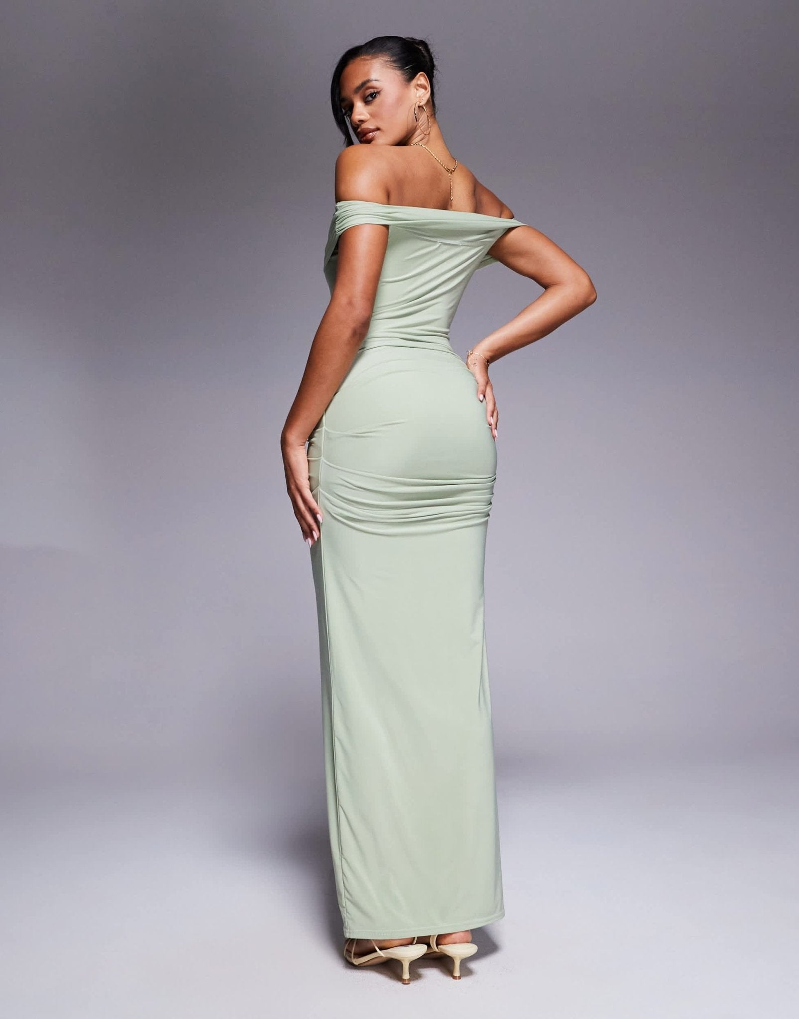 Kaiia exclusive double layered slinky bardot gathered waist detail maxi dress in sage - ASOS Sample Sale
