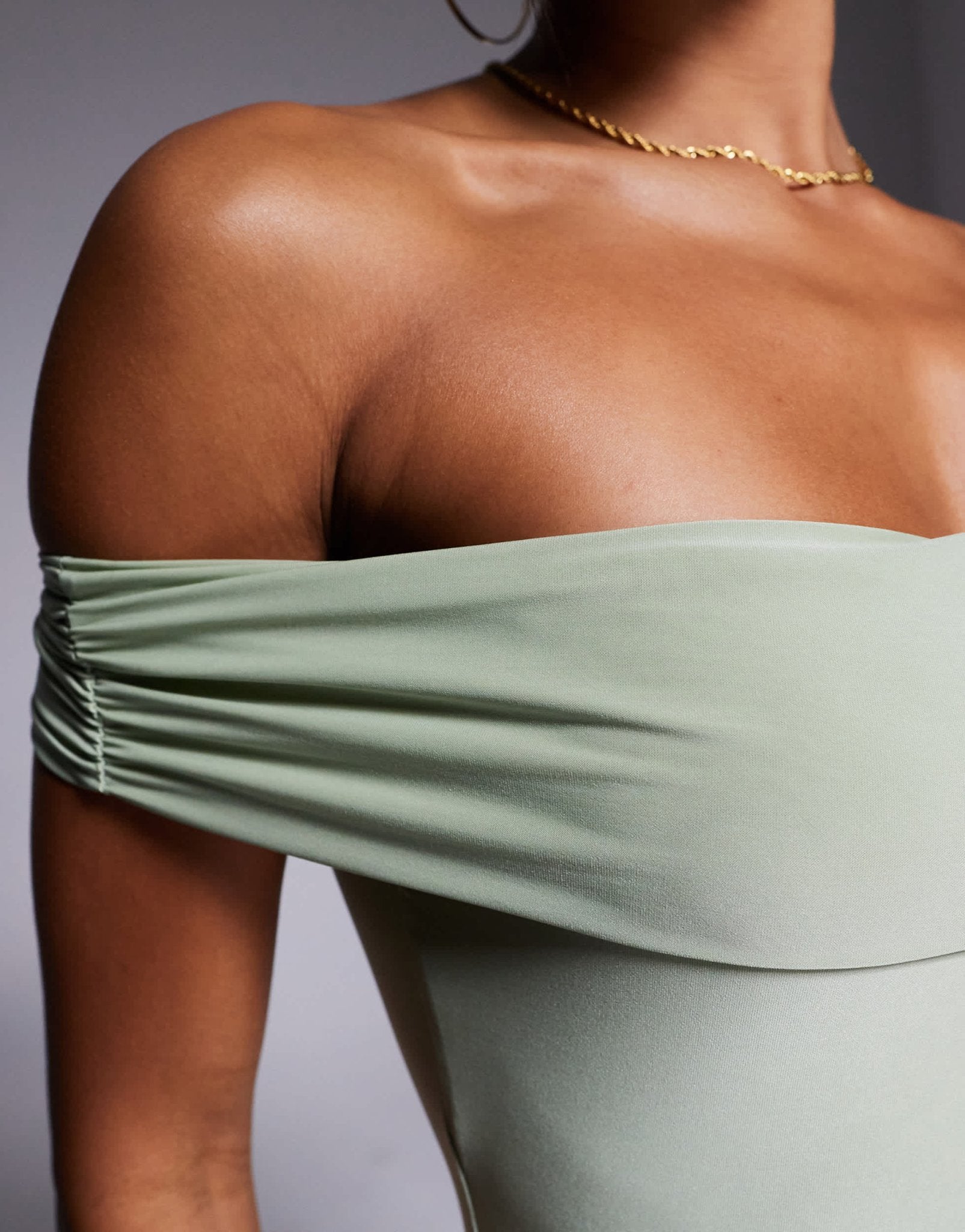 Kaiia exclusive double layered slinky bardot gathered waist detail maxi dress in sage - ASOS Sample Sale
