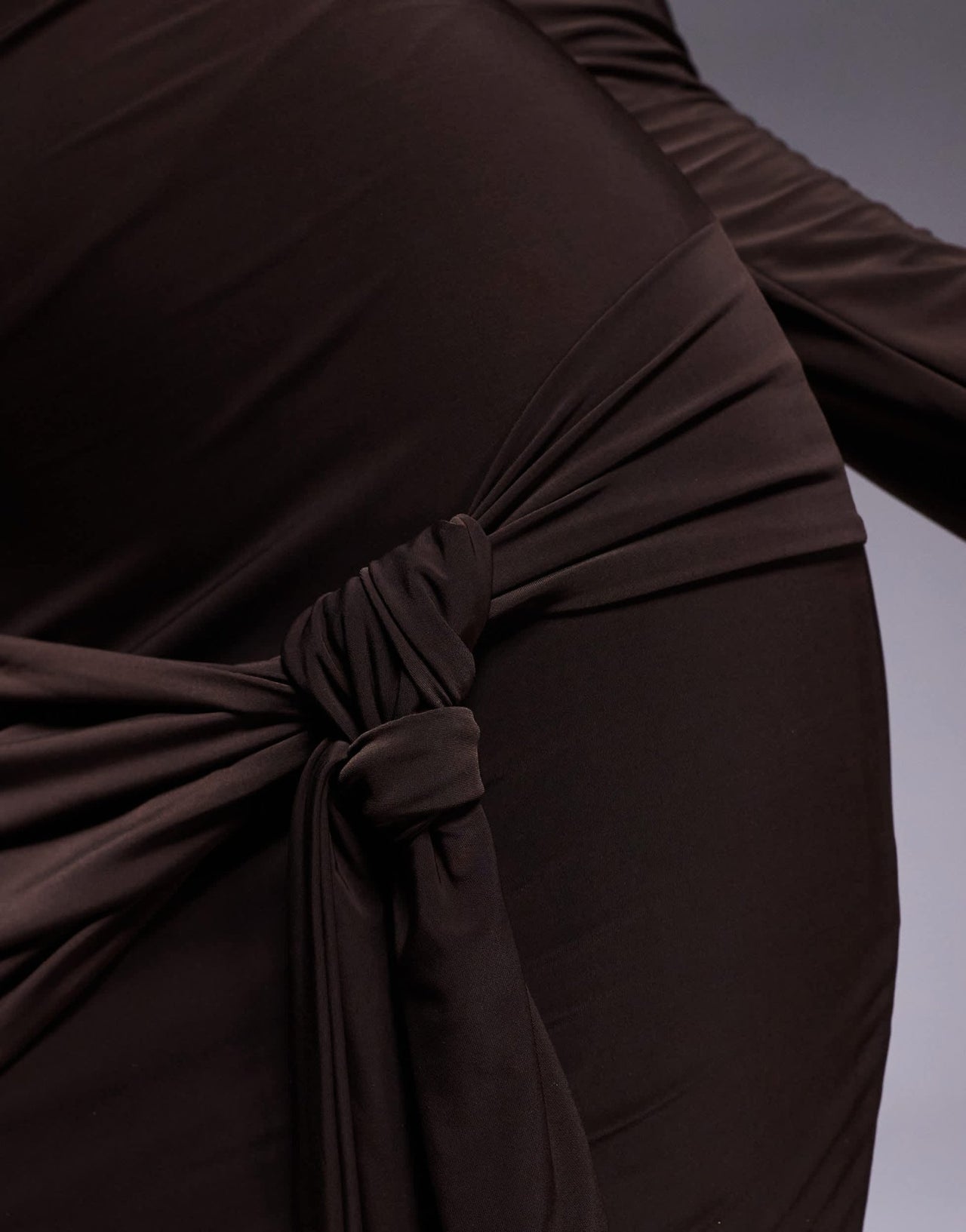 Kaiia exclusive double layered slinky bardot tie side drape detail mini dress in chocolate brown - ASOS Sample Sale