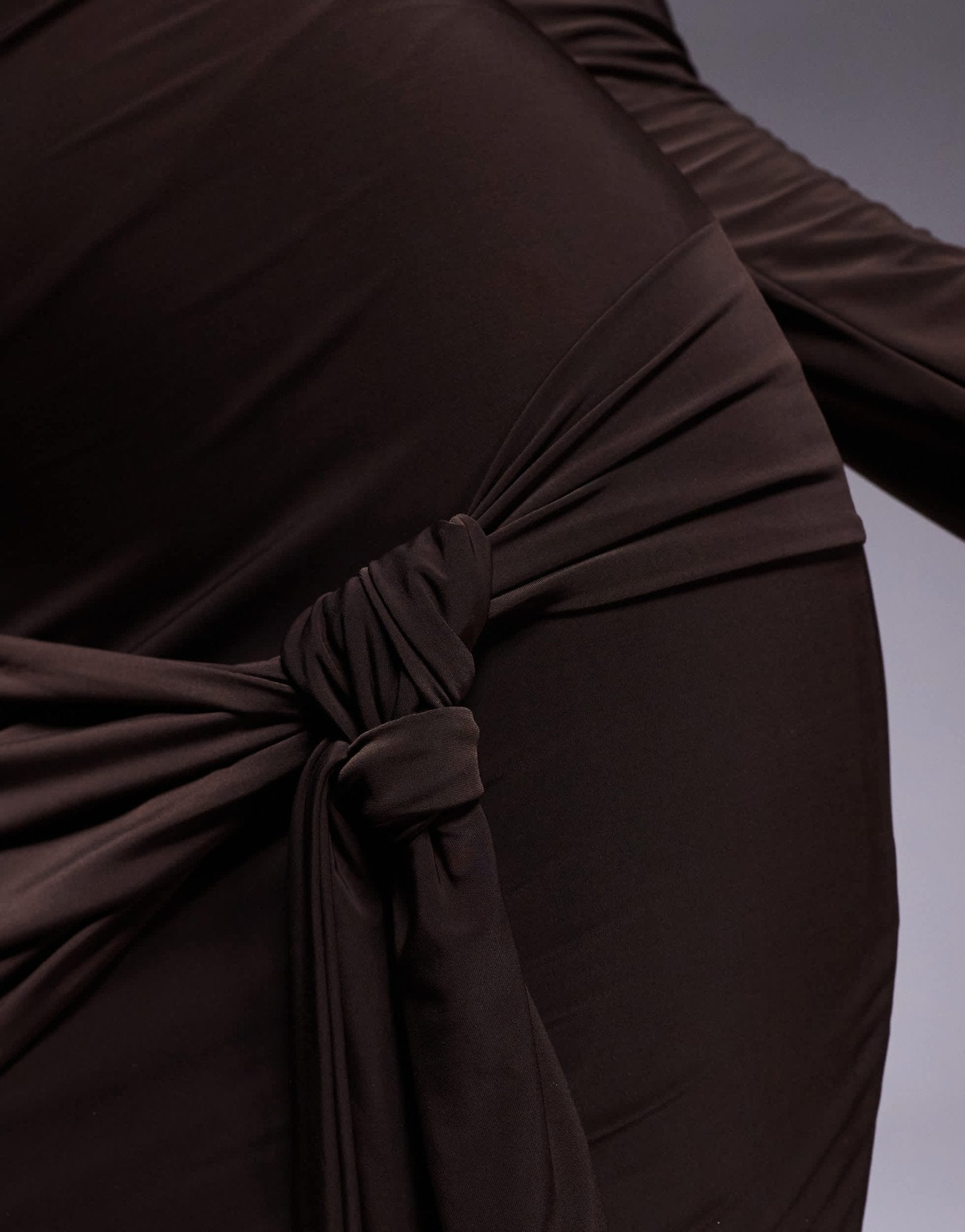 Kaiia exclusive double layered slinky bardot tie side drape detail mini dress in chocolate brown - ASOS Sample Sale