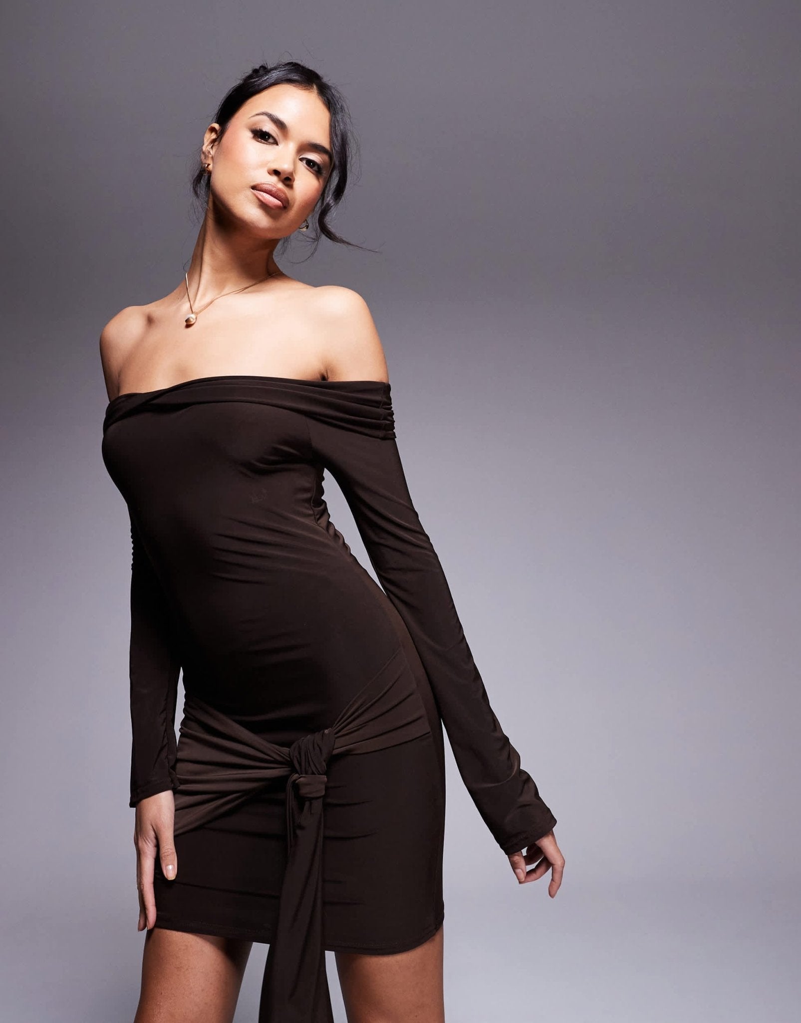 Kaiia exclusive double layered slinky bardot tie side drape detail mini dress in chocolate brown - ASOS Sample Sale