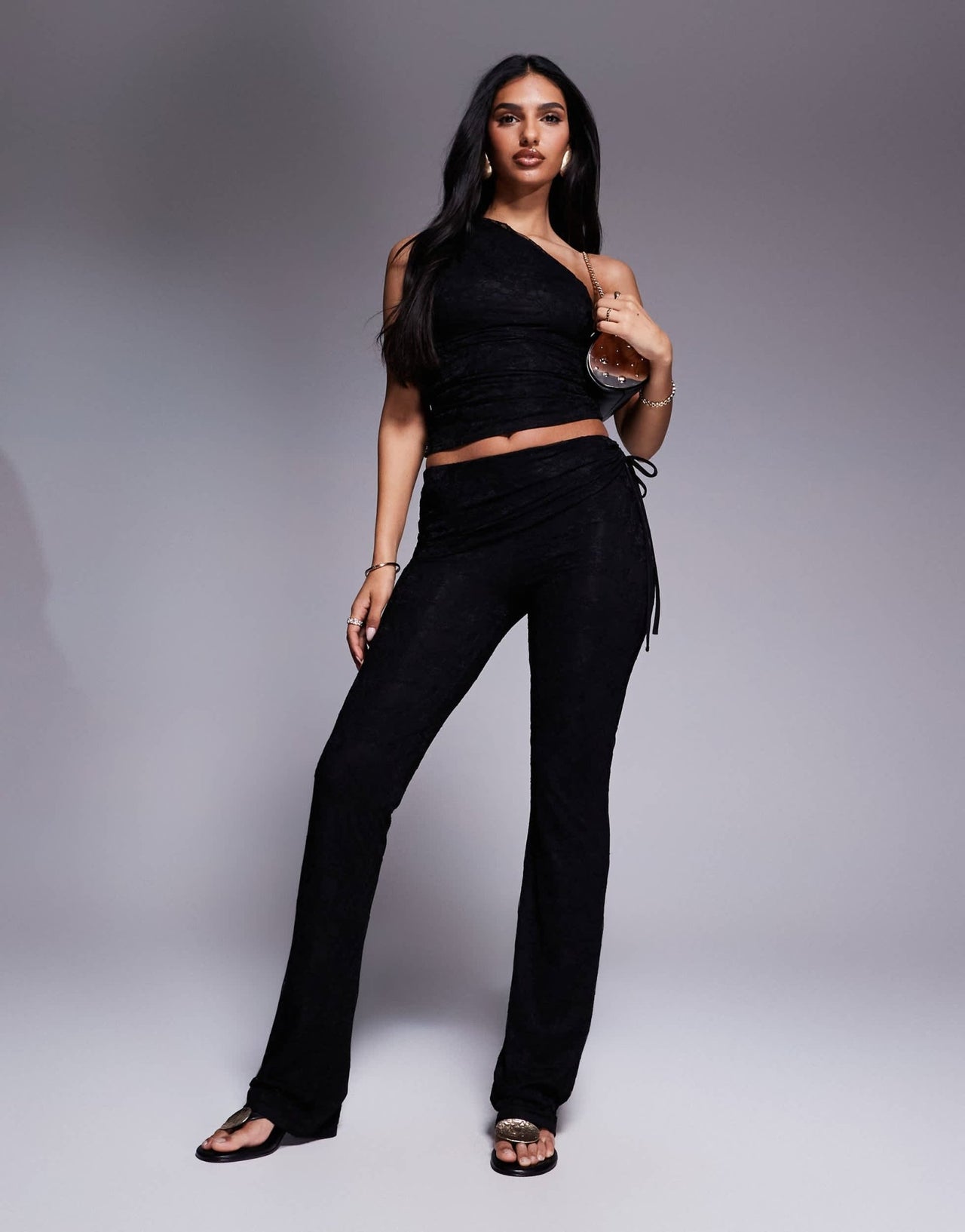 Kaiia exclusive double layered slinky belt detail lace trouser co-ord in black - ASOS Sample Sale