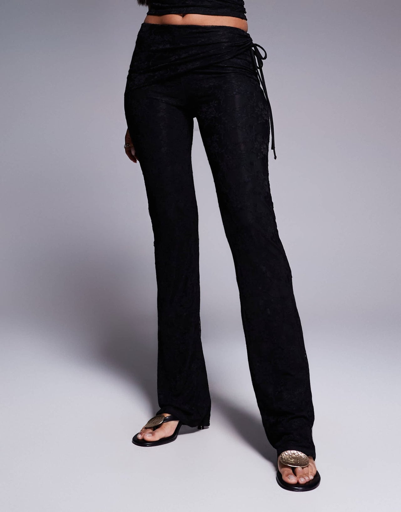 Kaiia exclusive double layered slinky belt detail lace trouser co-ord in black - ASOS Sample Sale
