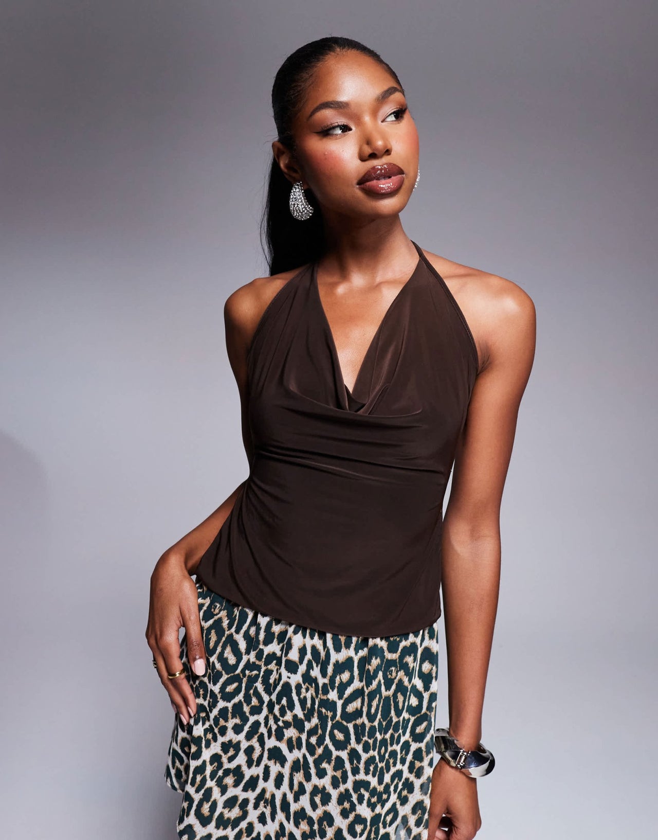 Kaiia exclusive double layered slinky cowl neck tie back top in chocolate brown - ASOS Sample Sale