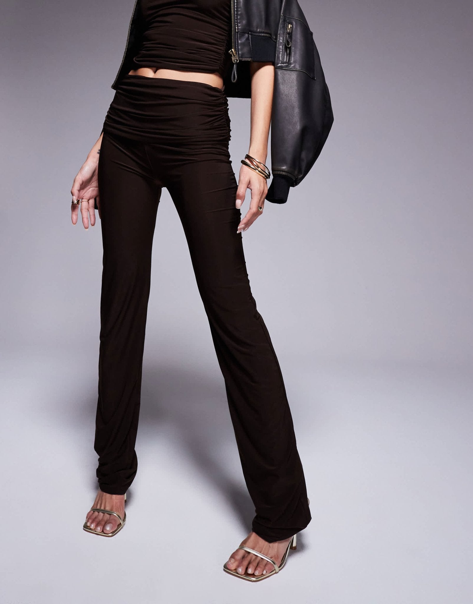 Kaiia exclusive double layered slinky folded waist flared trousers co - ord in chocolate brown - ASOS Sample Sale