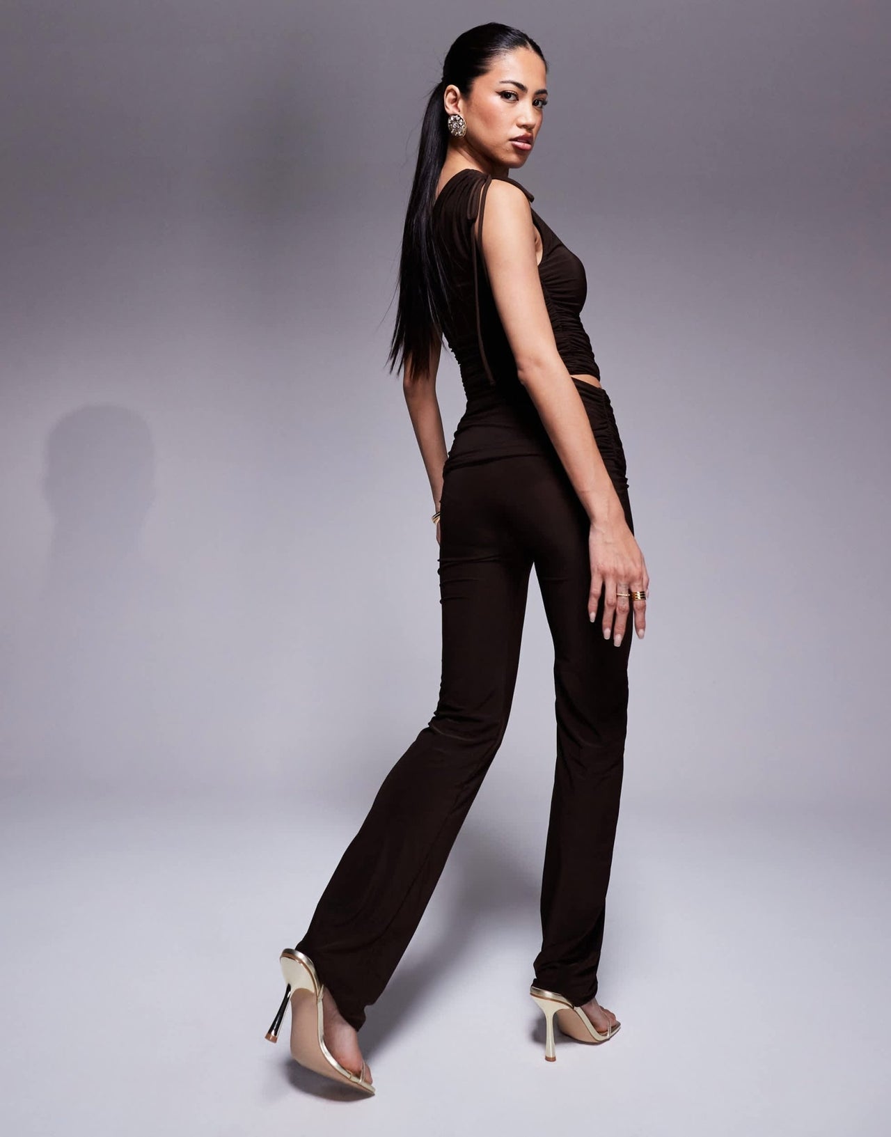 Kaiia exclusive double layered slinky folded waist flared trousers co - ord in chocolate brown - ASOS Sample Sale