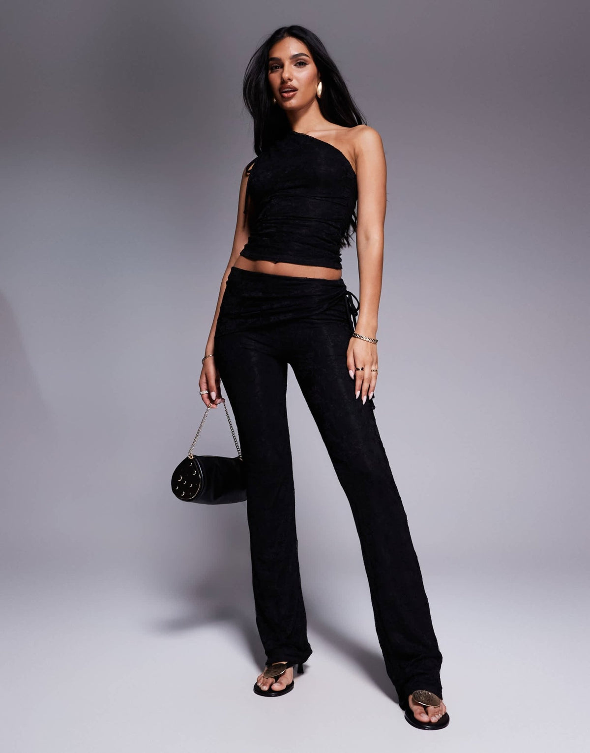Kaiia exclusive double layered slinky gathered one shoulder lace top co-ord in black - ASOS Sample Sale