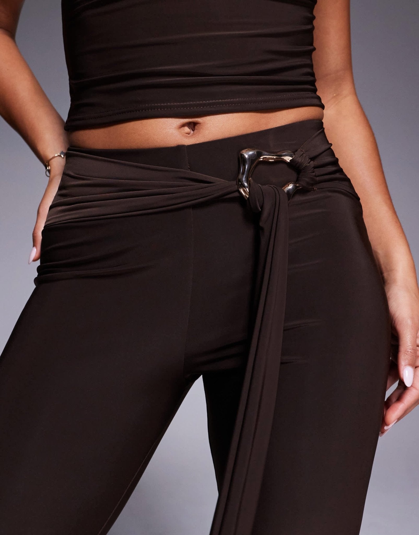 Kaiia exclusive double layered slinky gold hardware belt detail trouser co-ord in chocolate - ASOS Sample Sale