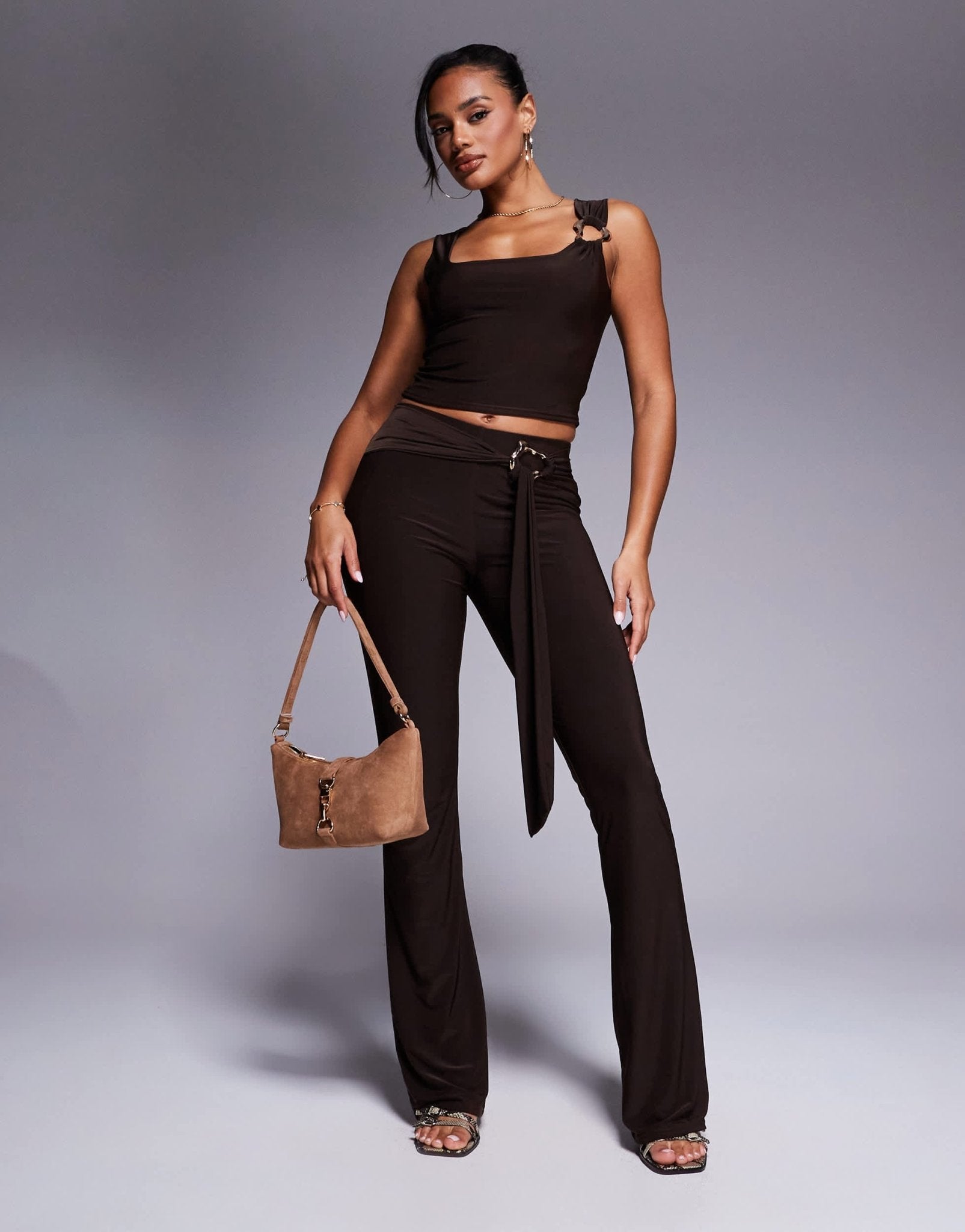 Kaiia exclusive double layered slinky gold hardware belt detail trouser co-ord in chocolate - ASOS Sample Sale