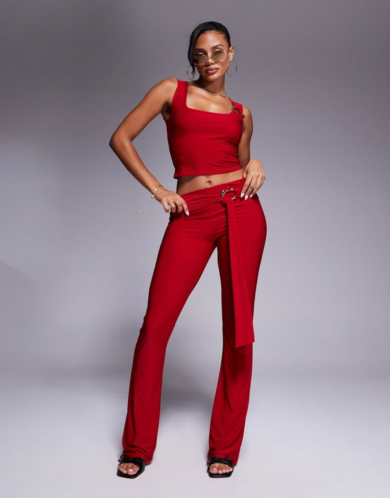 Kaiia exclusive double layered slinky gold hardware belt detail trouser co-ord in red - ASOS Sample Sale
