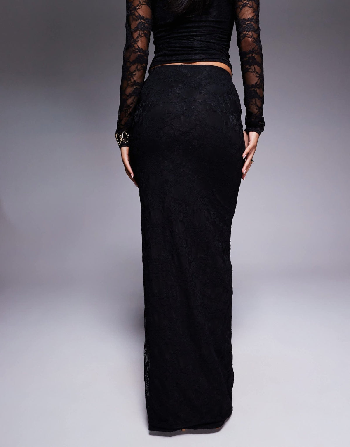 Kaiia exclusive double layered slinky lace column maxi skirt co-ord in black - ASOS Sample Sale