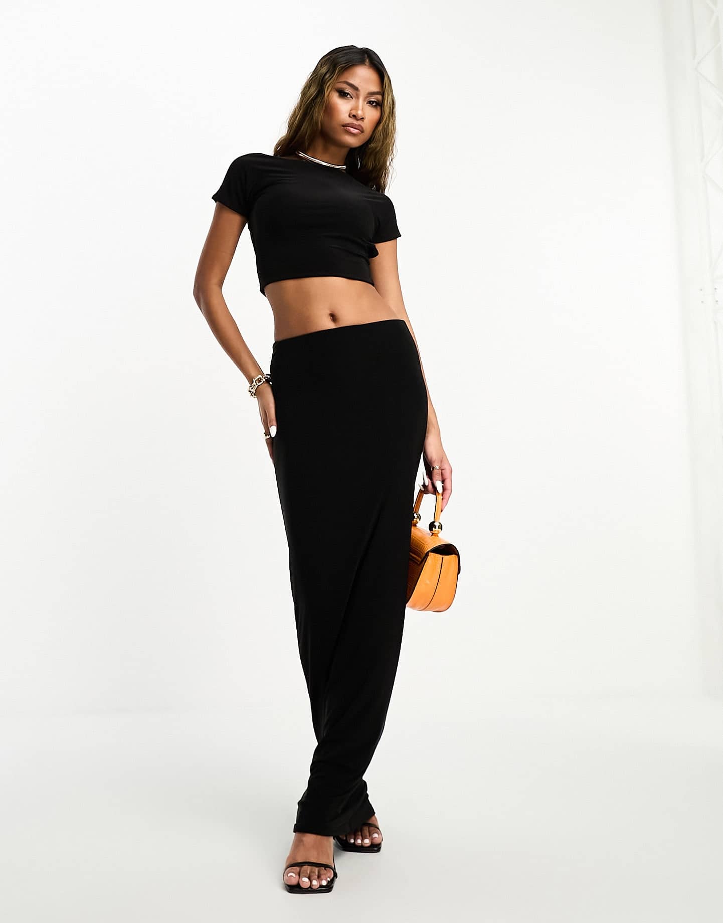 Kaiia exclusive double layered slinky low back crop top co - ord in black - ASOS Sample Sale