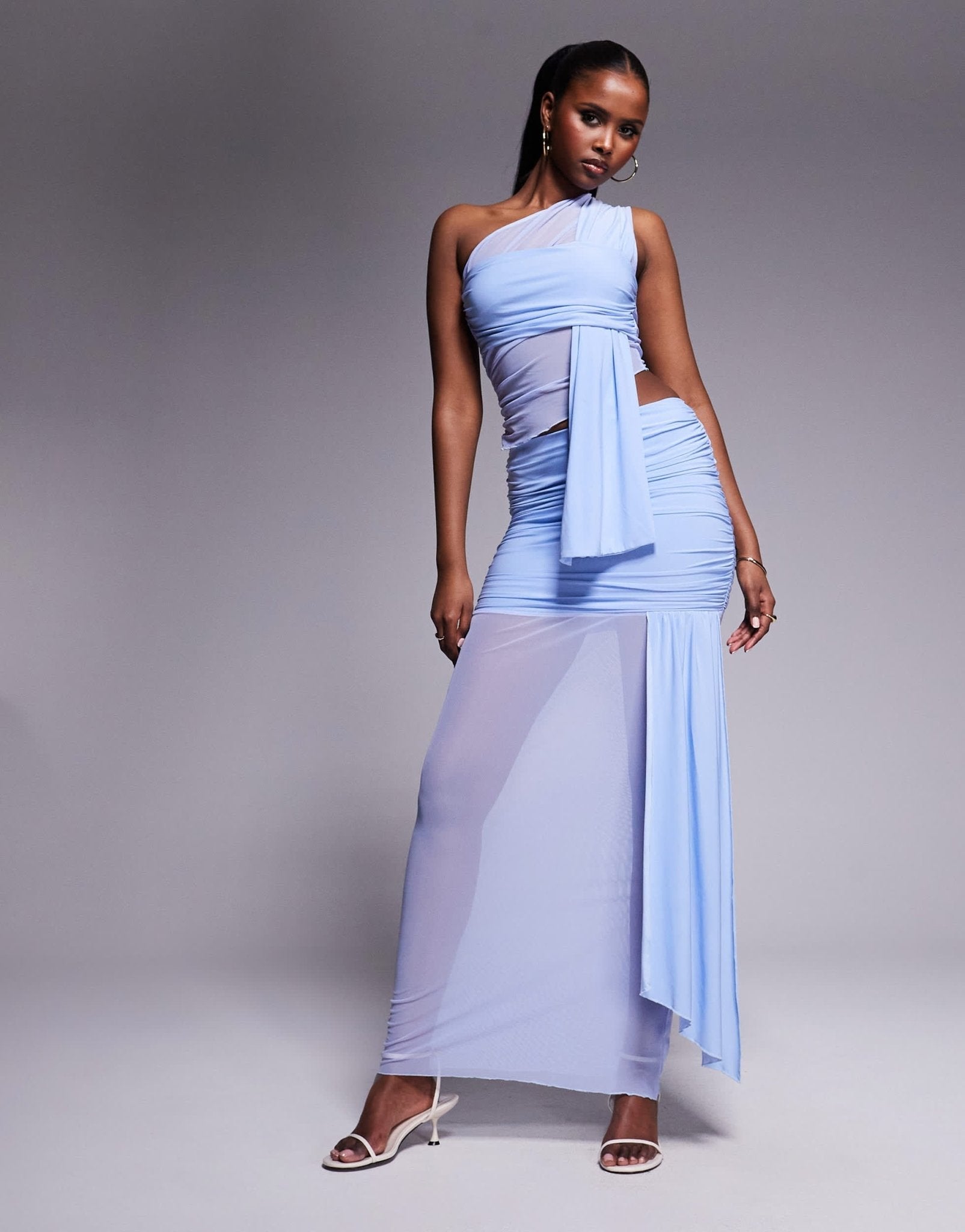 Kaiia exclusive double layered slinky mesh drape detail sheer hem maxi skirt co-ord in light blue - ASOS Sample Sale