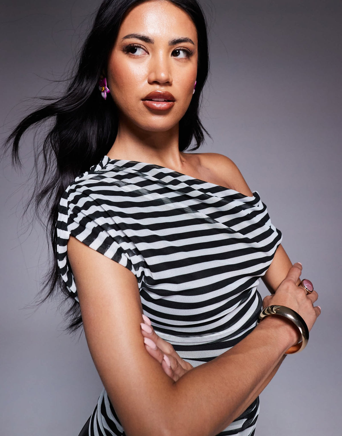 Kaiia exclusive double layered slinky mesh drape off shoulder top in mono stripe - ASOS Sample Sale