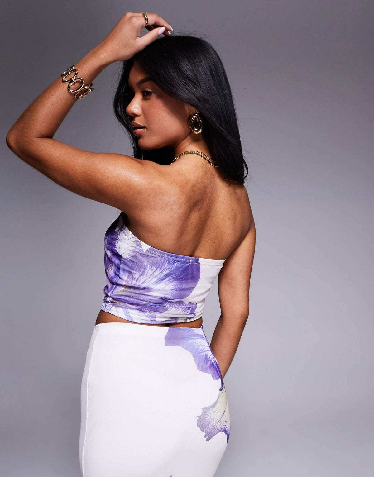 Kaiia exclusive double layered slinky mesh floral bandeau crop top co-ord in ivory and lilac - ASOS Sample Sale