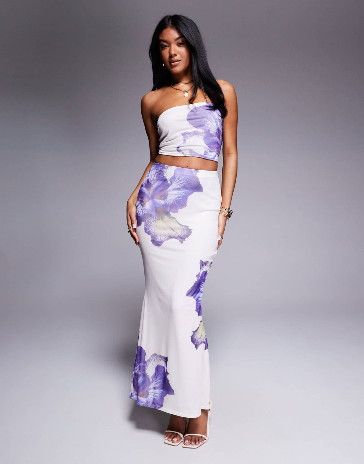 Kaiia exclusive double layered slinky mesh floral bandeau crop top co-ord in ivory and lilac - ASOS Sample Sale