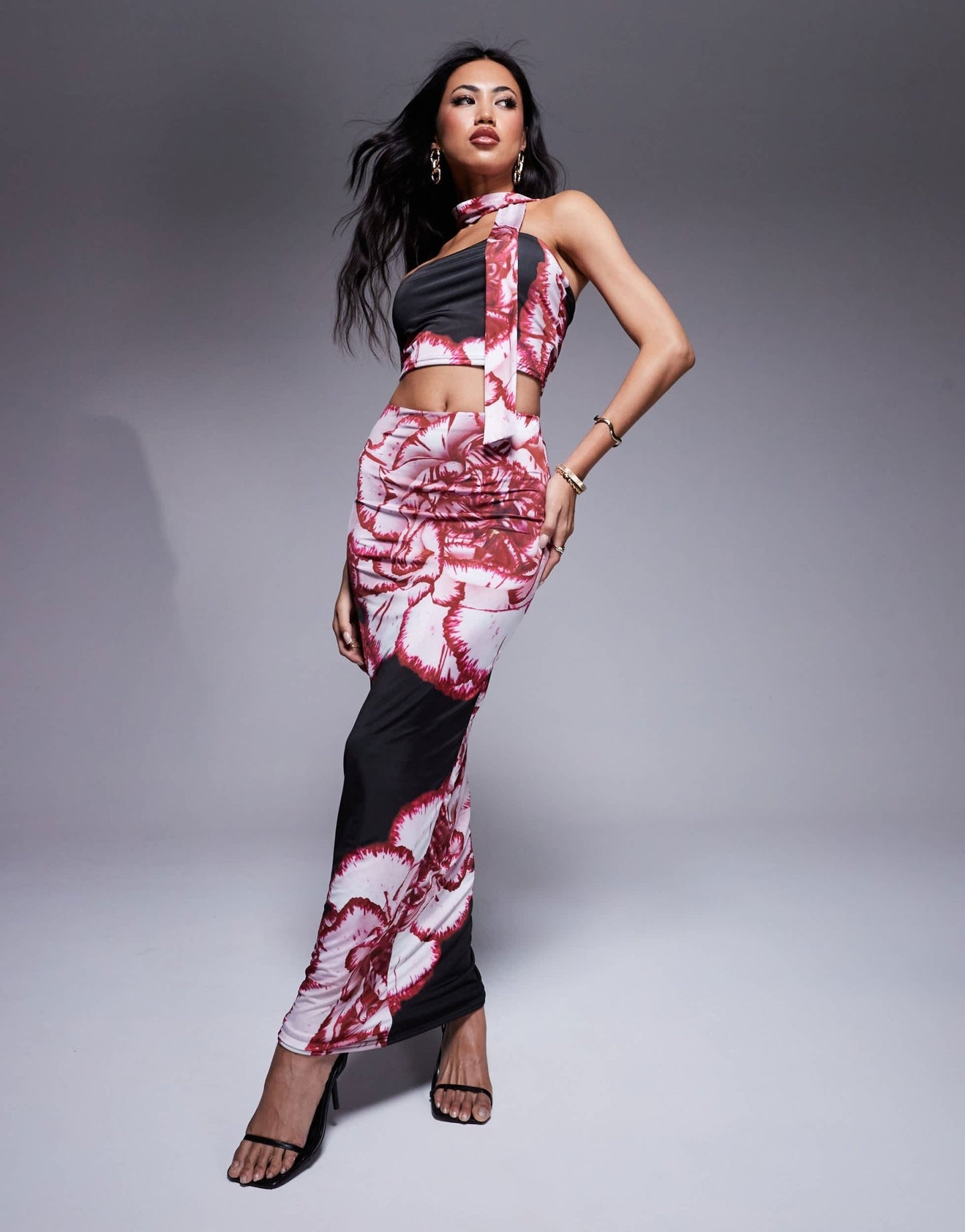Kaiia exclusive double layered slinky midaxi skirt co - ord in pink and red floral print - ASOS Sample Sale