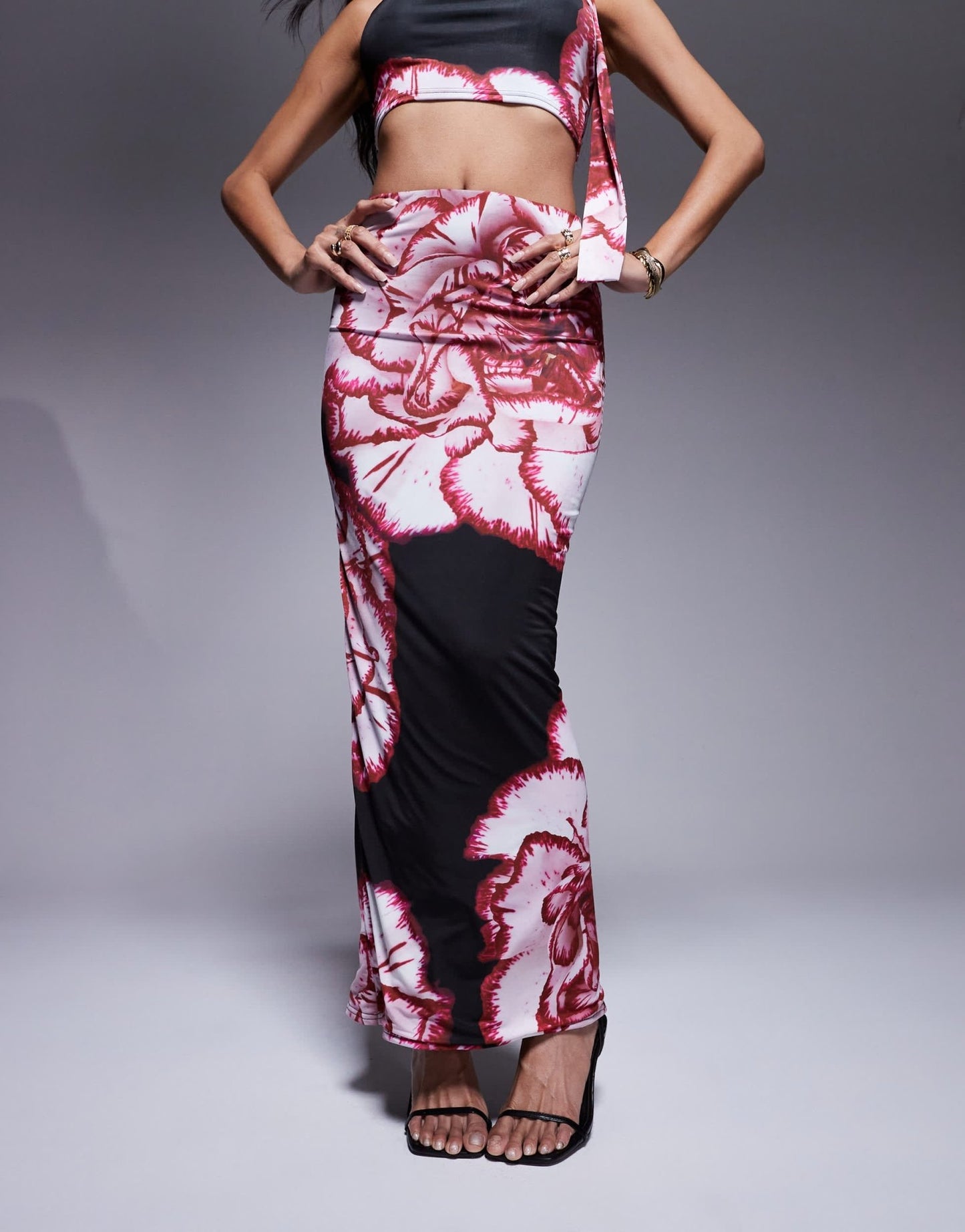 Kaiia exclusive double layered slinky midaxi skirt co - ord in pink and red floral print - ASOS Sample Sale
