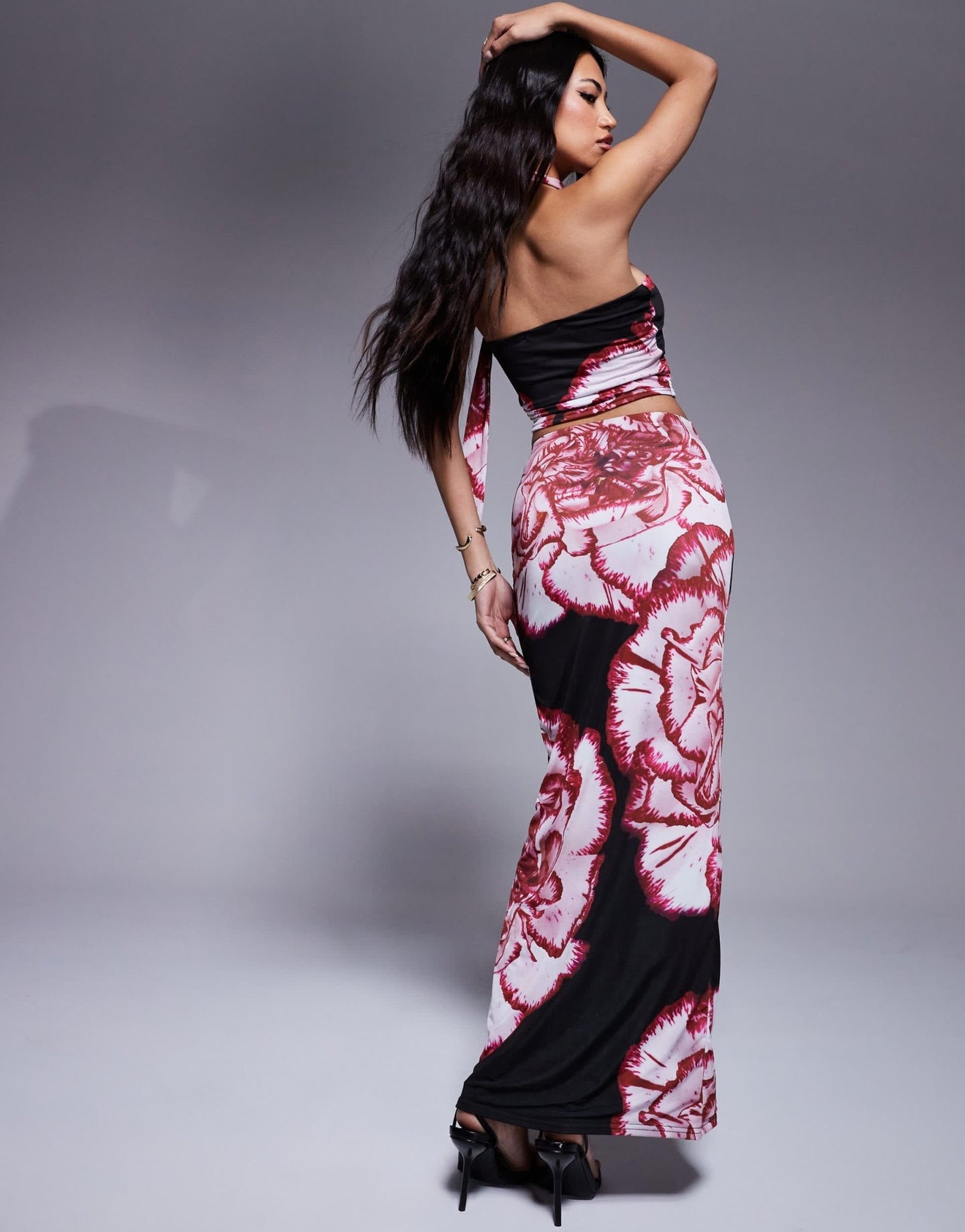 Kaiia exclusive double layered slinky midaxi skirt co - ord in pink and red floral print - ASOS Sample Sale