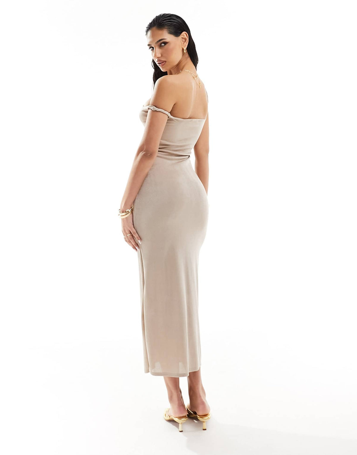 Kaiia exclusive double layered slinky off shoulder bodycon midi dress in light taup - ASOS Sample Sale