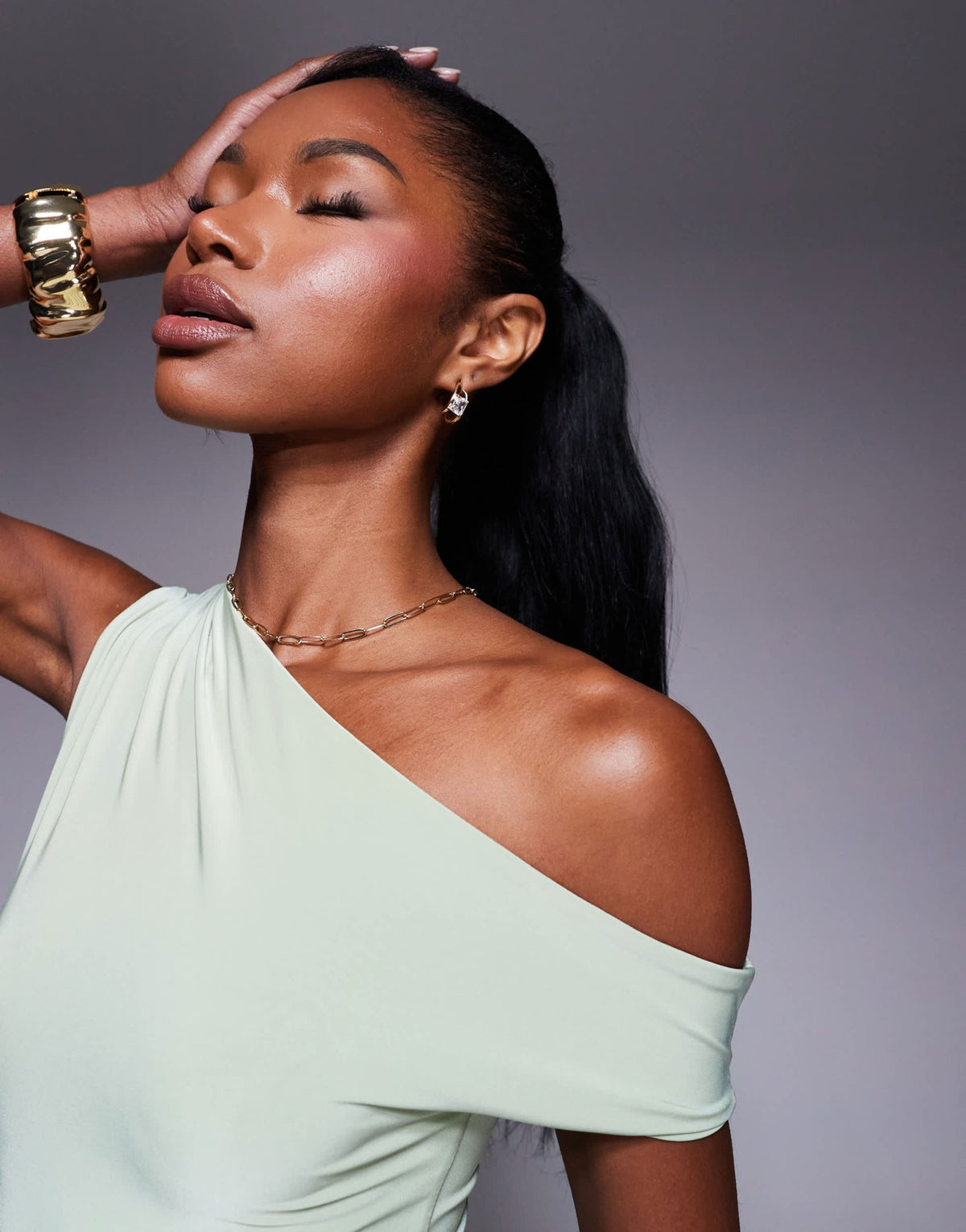 Kaiia exclusive double layered slinky off shoulder drape detail fitted waist mini skater dress in sage - ASOS Sample Sale