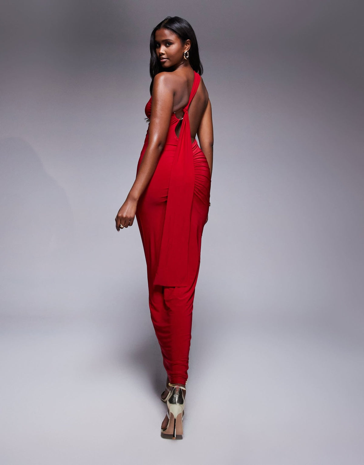 Kaiia exclusive double layered slinky one shoulder knot gold hardware back detail maxi dress in red - ASOS Sample Sale