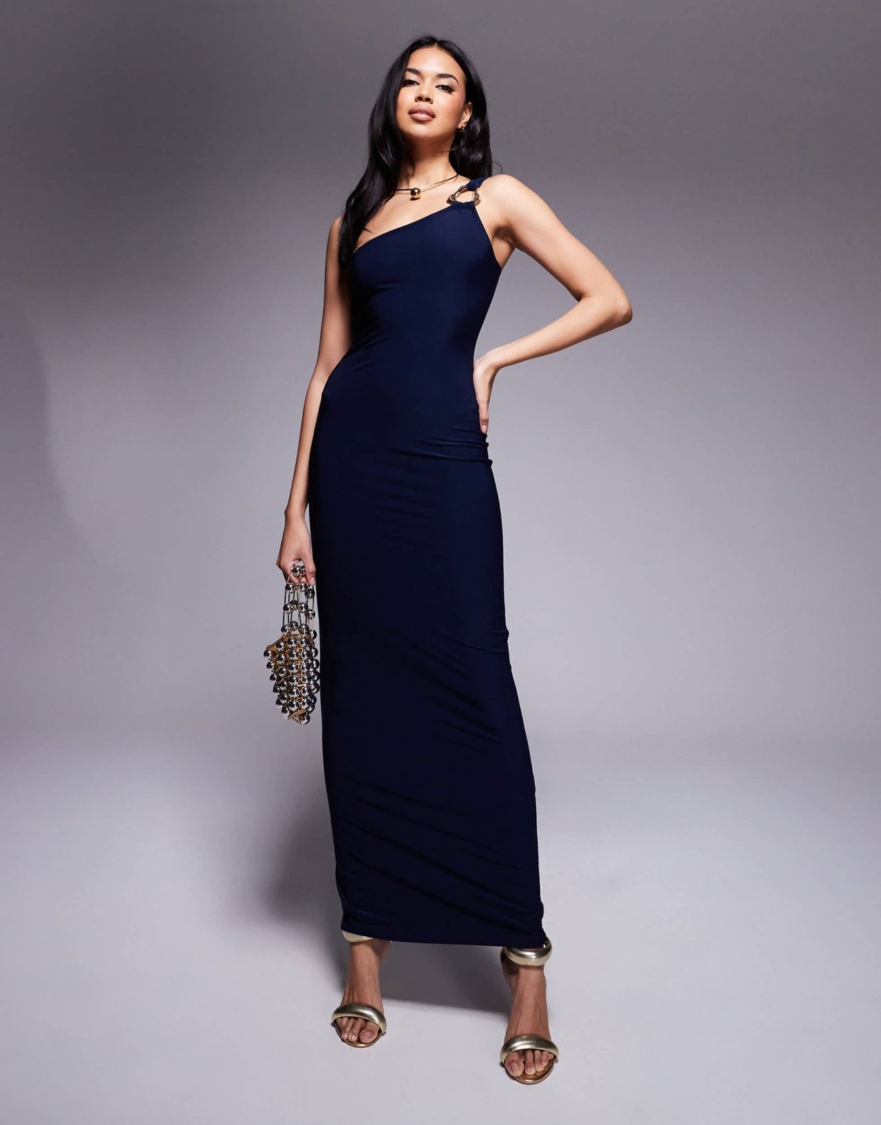 Kaiia exclusive double layered slinky one shoulder metal ring detail maxi dress in navy - ASOS Sample Sale