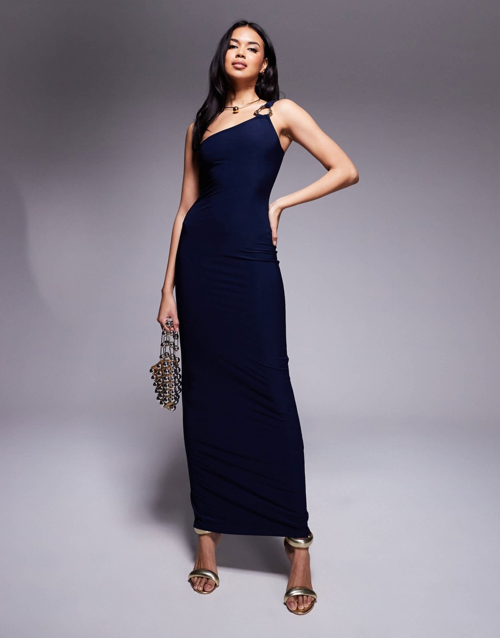 Kaiia exclusive double layered slinky one shoulder metal ring detail maxi dress in navy - ASOS Sample Sale