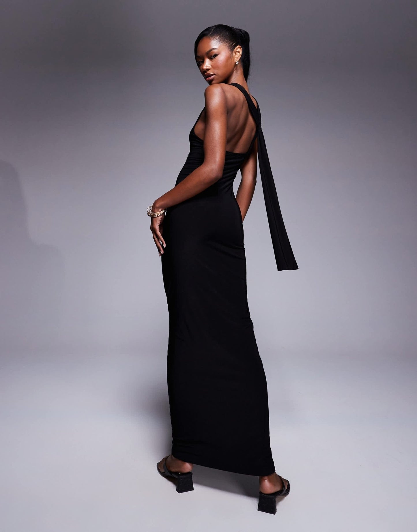 Kaiia exclusive double layered slinky racerneck gathered back drape detail maxi dress in black - ASOS Sample Sale