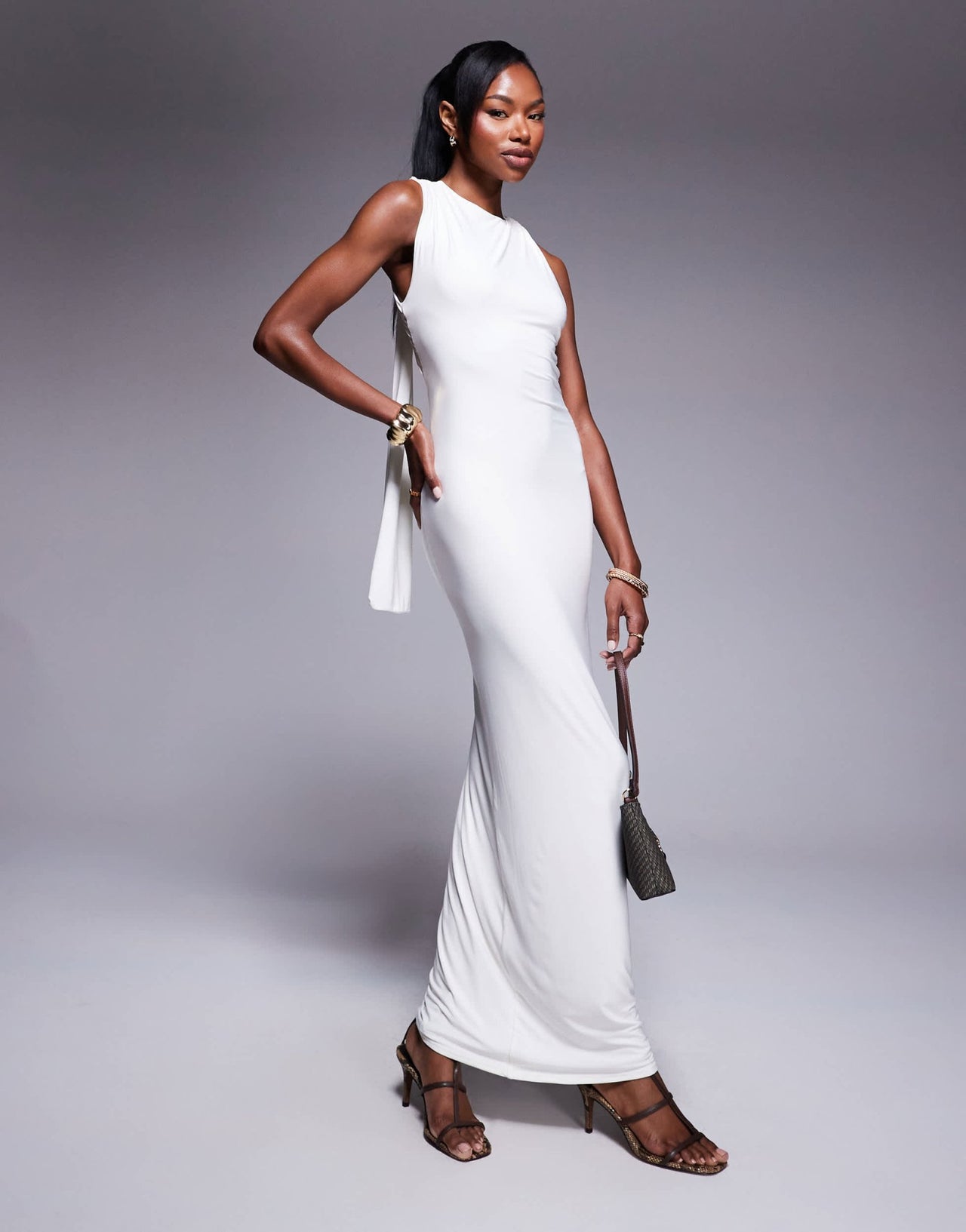 Kaiia exclusive double layered slinky racerneck gathered back drape detail maxi dress in white - ASOS Sample Sale