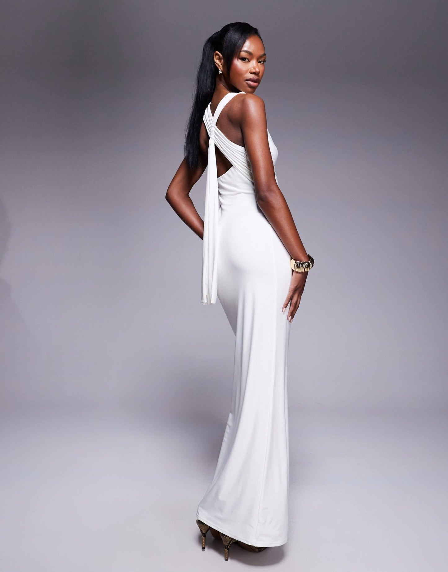 Kaiia exclusive double layered slinky racerneck gathered back drape detail maxi dress in white - ASOS Sample Sale