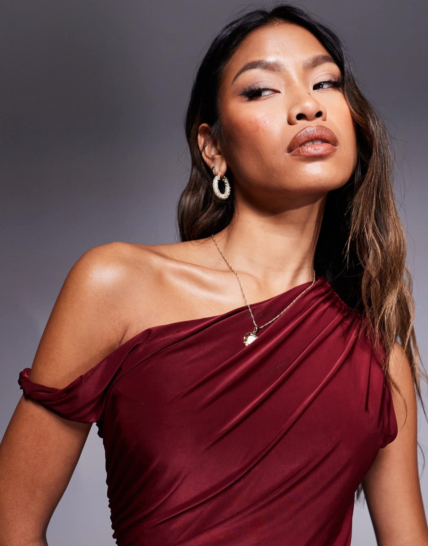 Kaiia exclusive double layered slinky twist off shoulder bodycon mini dress in burgundy - ASOS Sample Sale