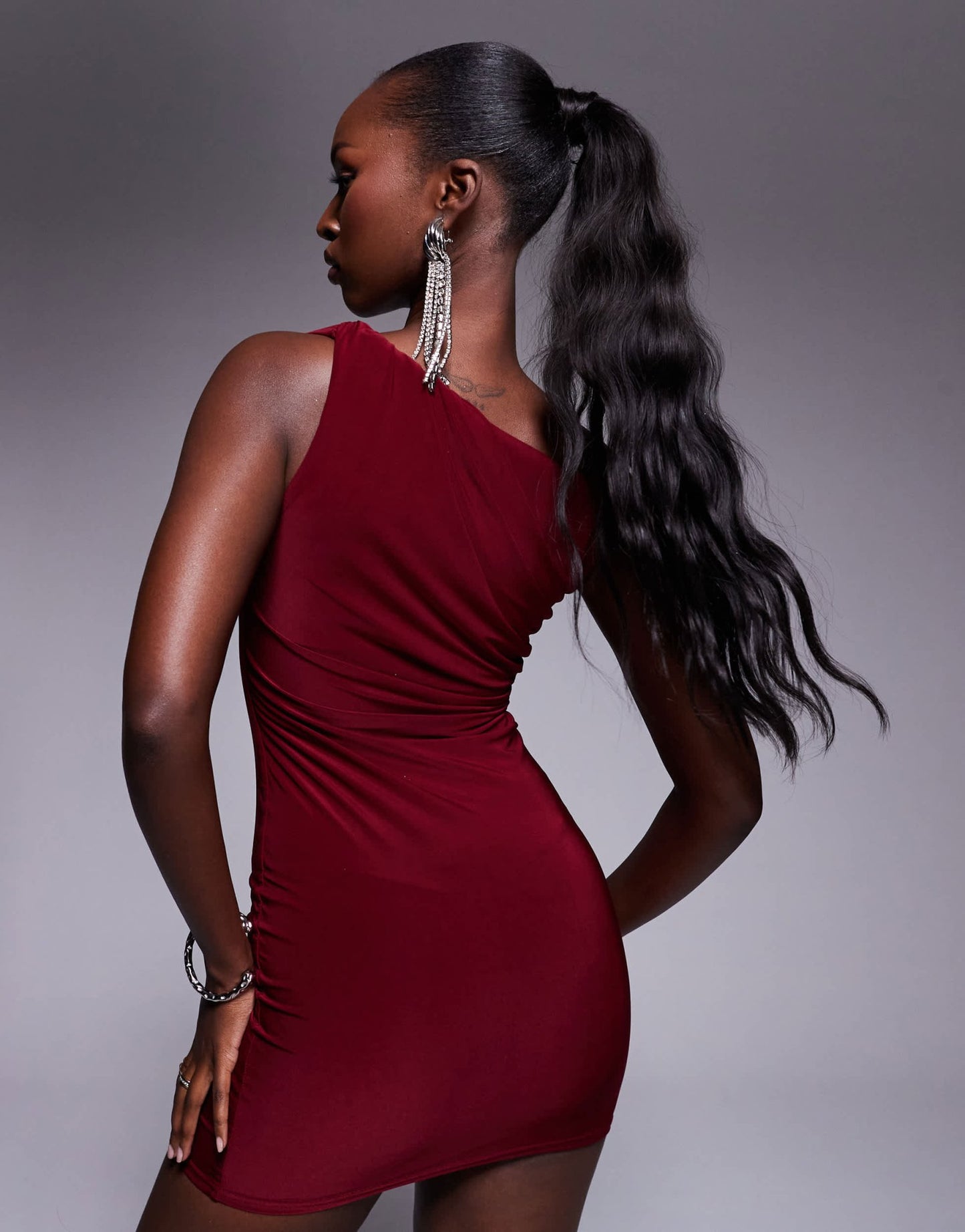 Kaiia exclusive double layered slinky twist shoulder mini dress in burgundy - ASOS Sample Sale