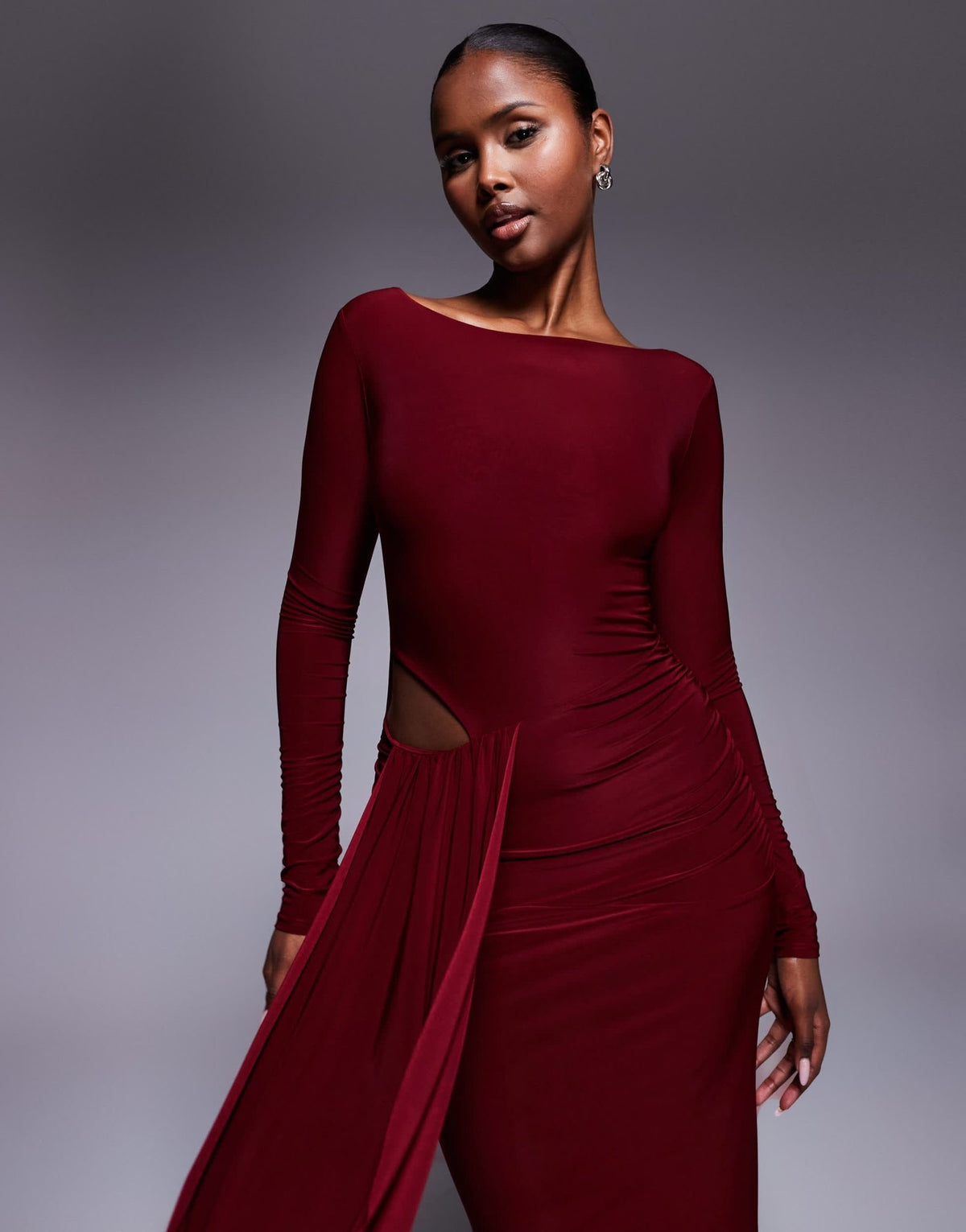 Kaiia exclusive double layered slinky waist drape cut out detail maxi dress in burgundy - ASOS Sample Sale