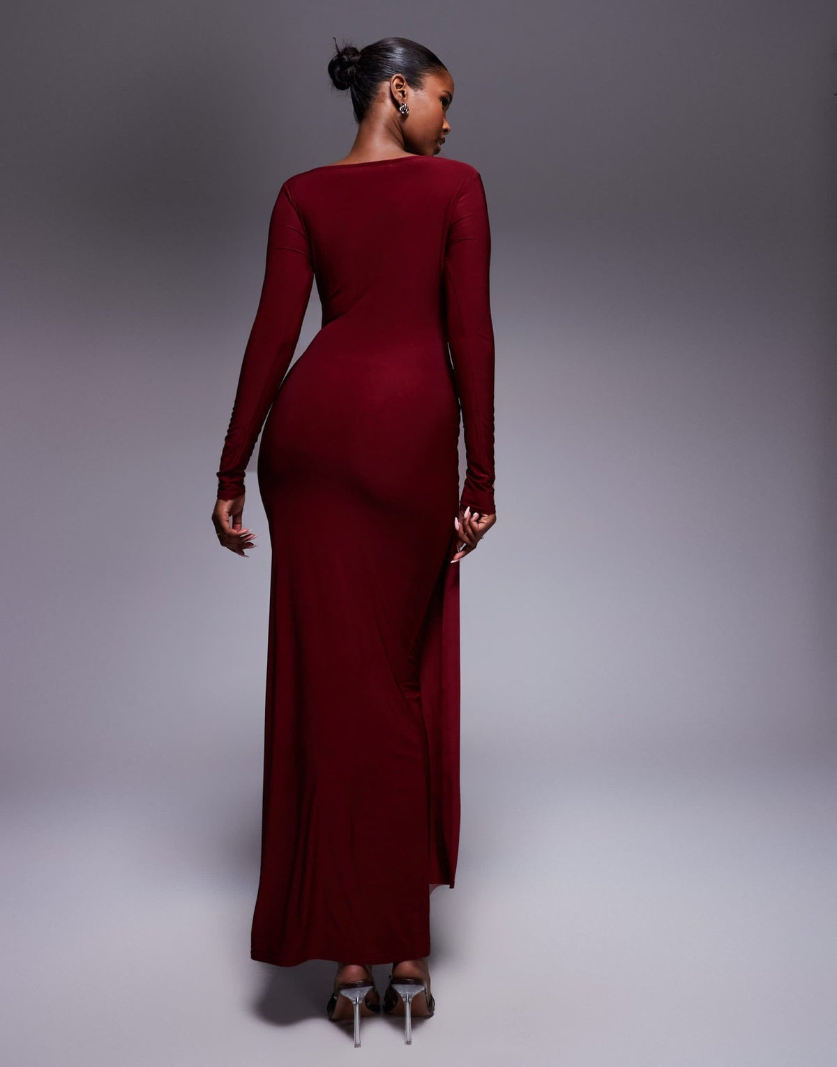 Kaiia exclusive double layered slinky waist drape cut out detail maxi dress in burgundy - ASOS Sample Sale