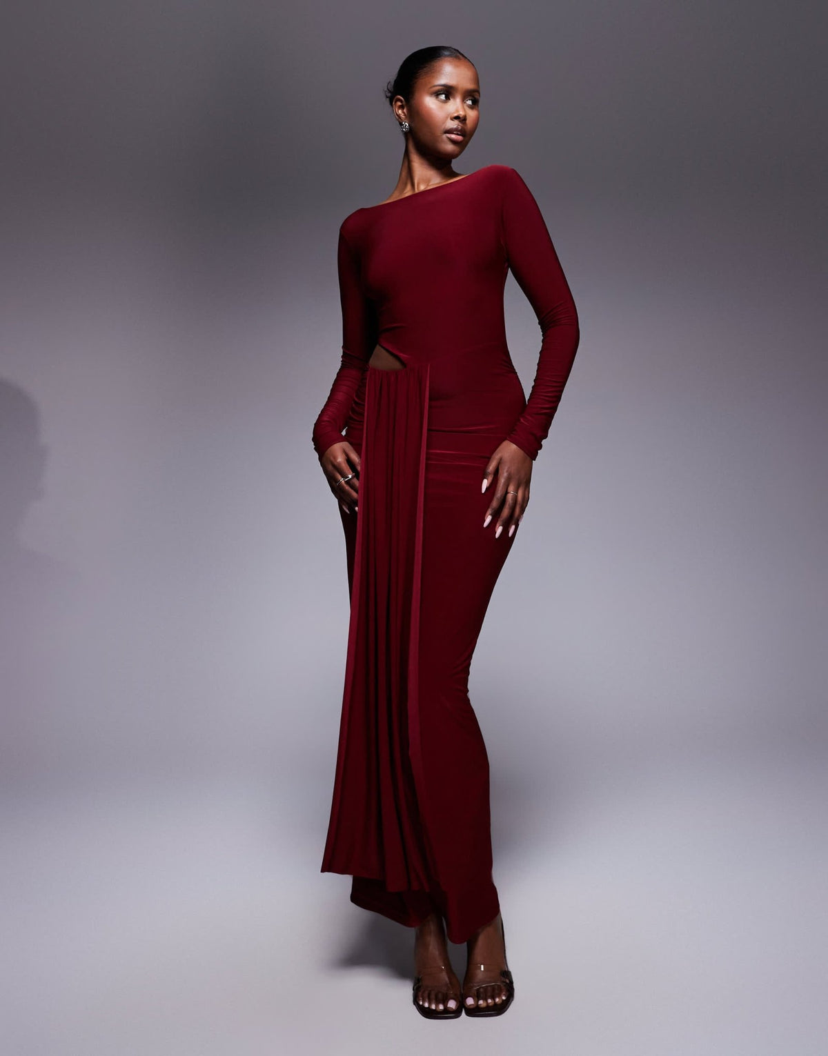 Kaiia exclusive double layered slinky waist drape cut out detail maxi dress in burgundy - ASOS Sample Sale