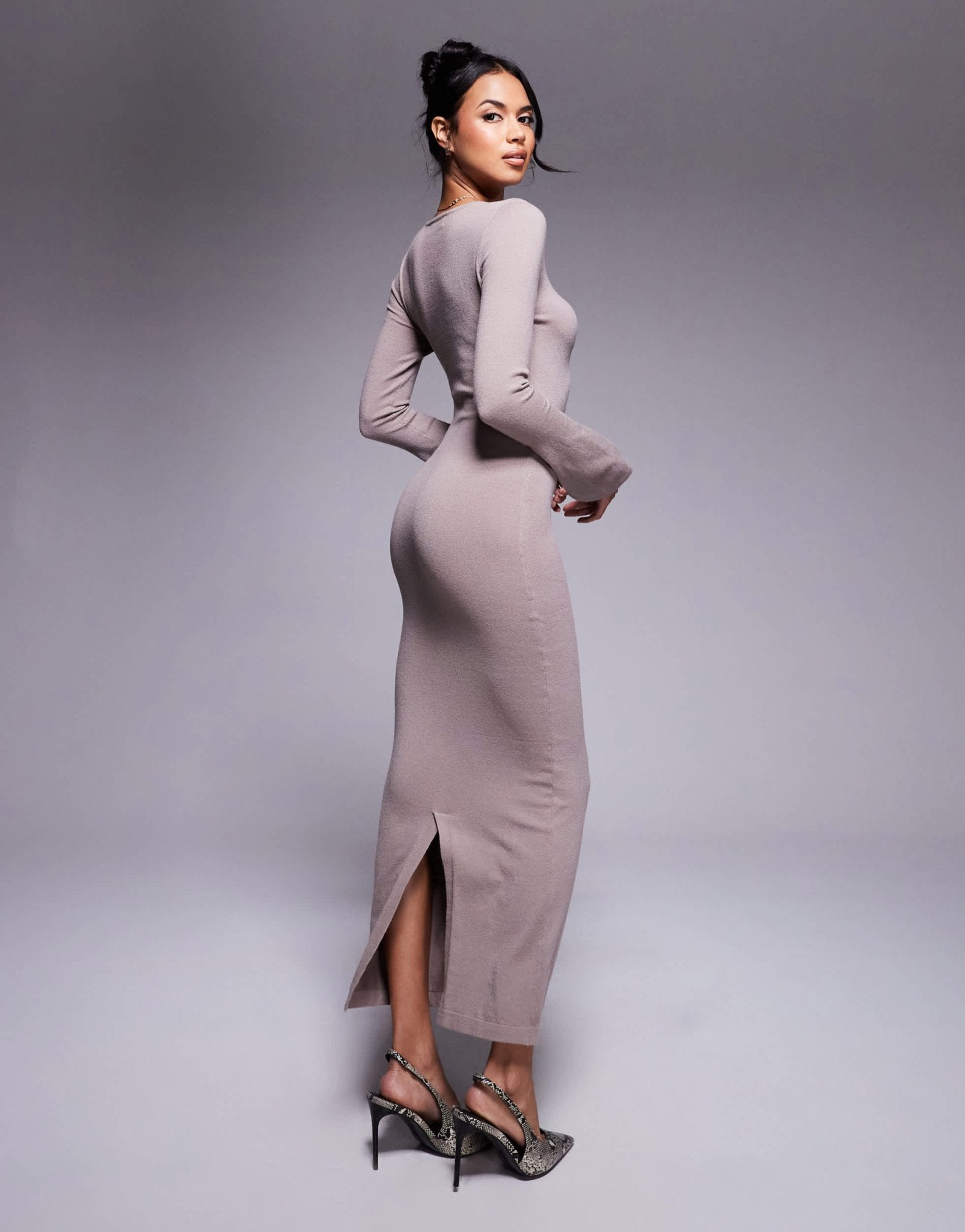 Kaiia exclusive fine knit bodycon flare sleeve maxi dress in taupe - ASOS Sample Sale